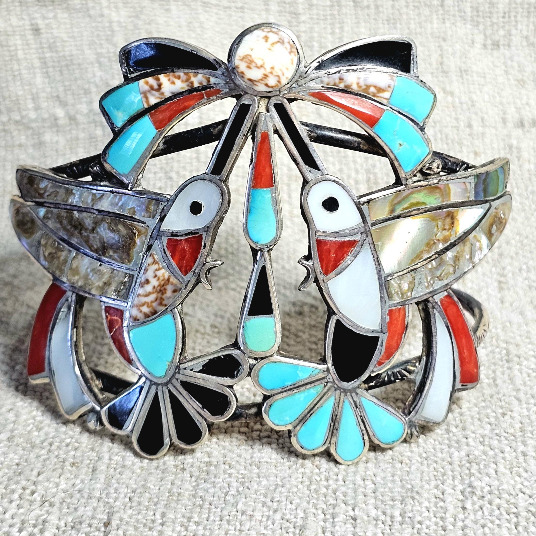 Humming Birds Zuni Inlay Sterling Silver Cuff Bracelet 6 3/4" wrist JB 316