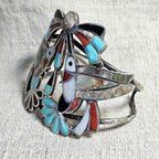 Humming Birds Zuni Inlay Sterling Silver Cuff Bracelet 6 3/4" wrist JB 316