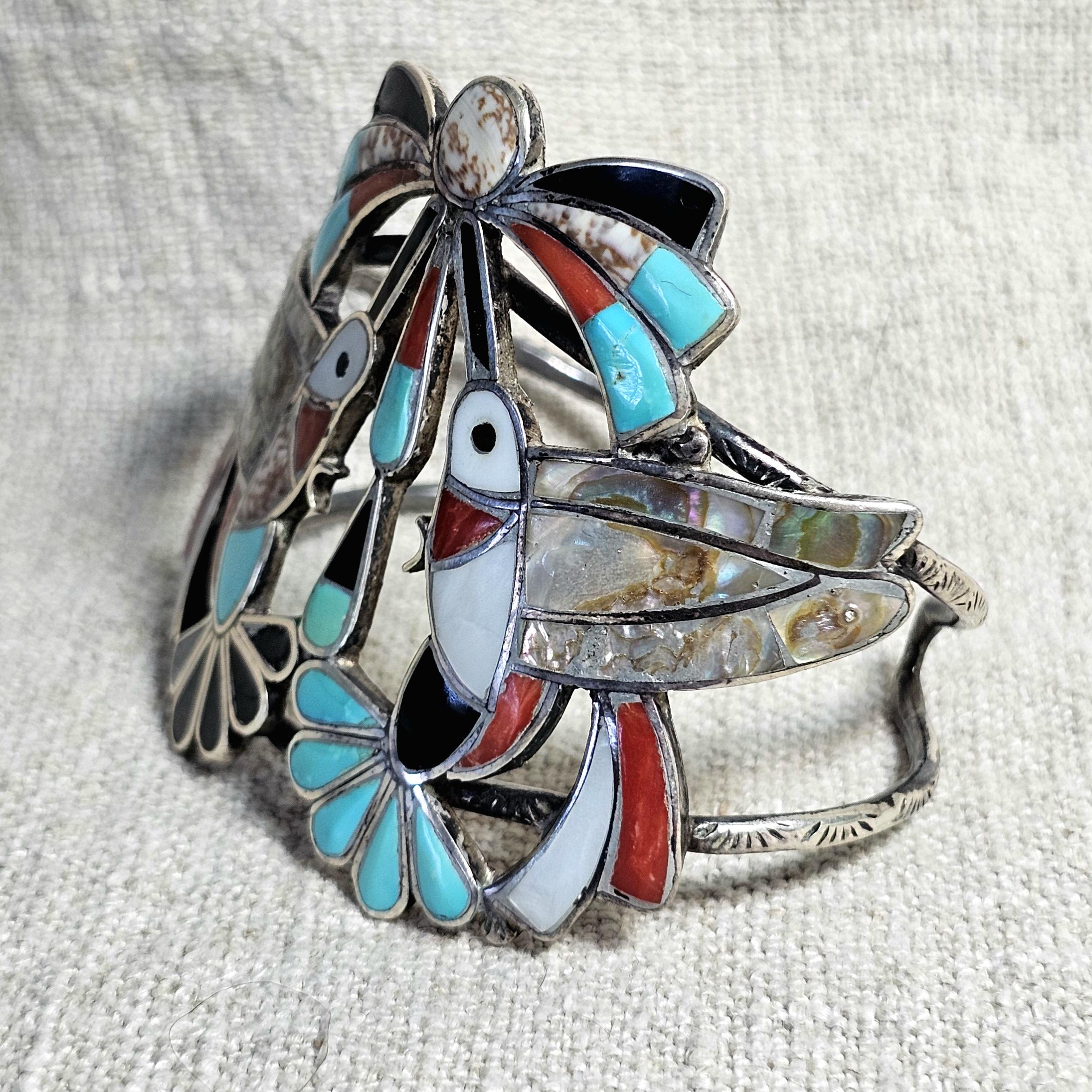 Humming Birds Zuni Inlay Sterling Silver Cuff Bracelet 6 3/4" wrist JB 316