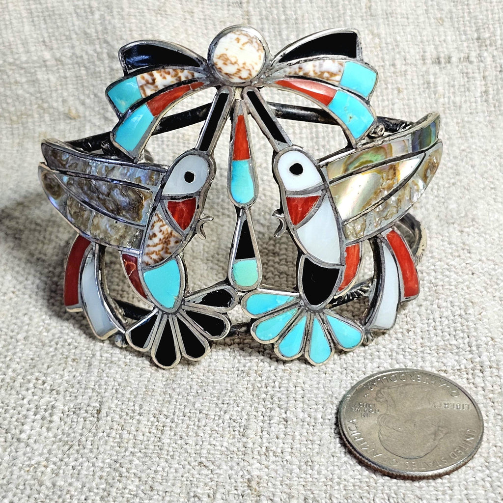 Humming Birds Zuni Inlay Sterling Silver Cuff Bracelet 6 3/4" wrist JB 316