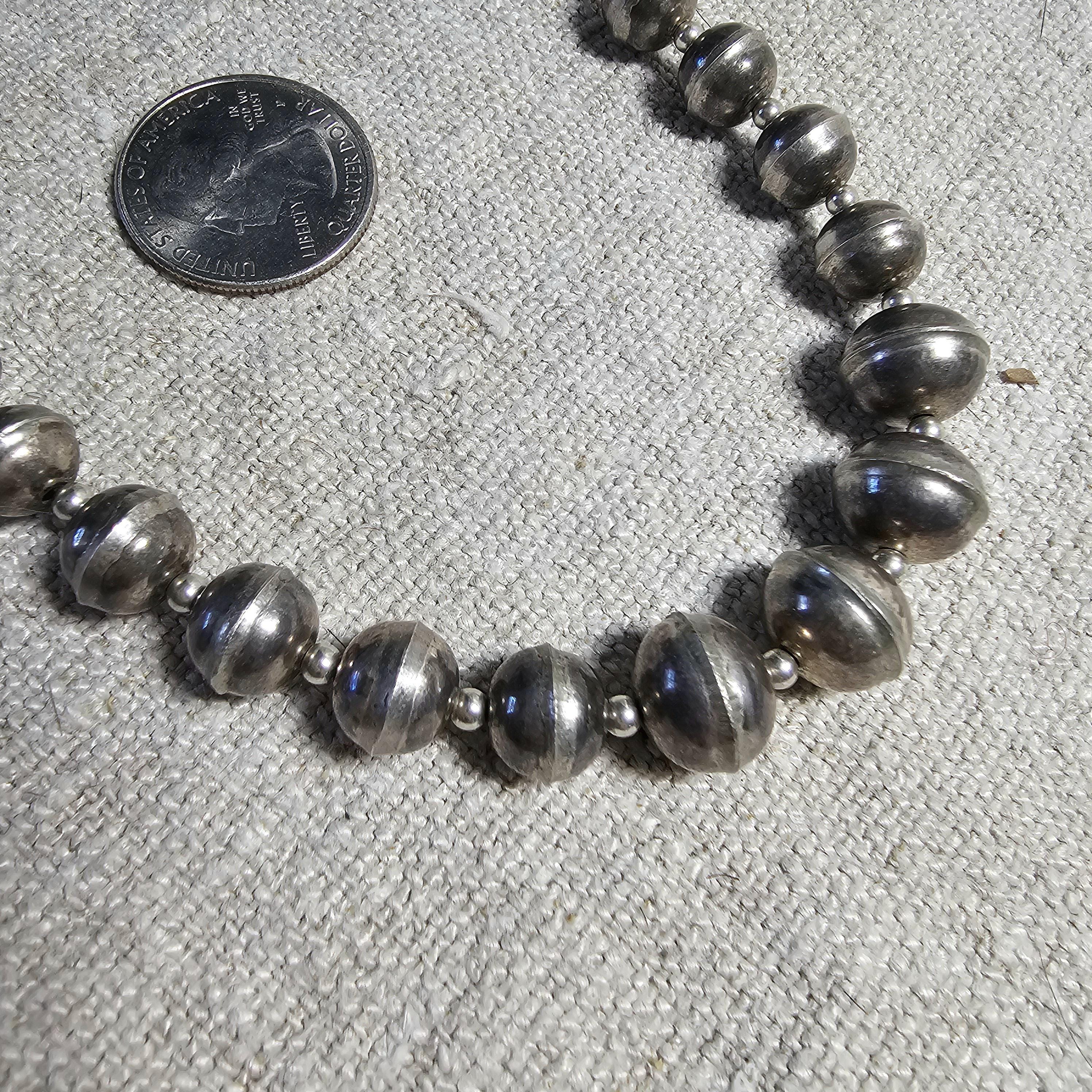 20" Interesting Strand of Graduated Vintage Navajo Pearls Old Pawn Sterling. JN 817