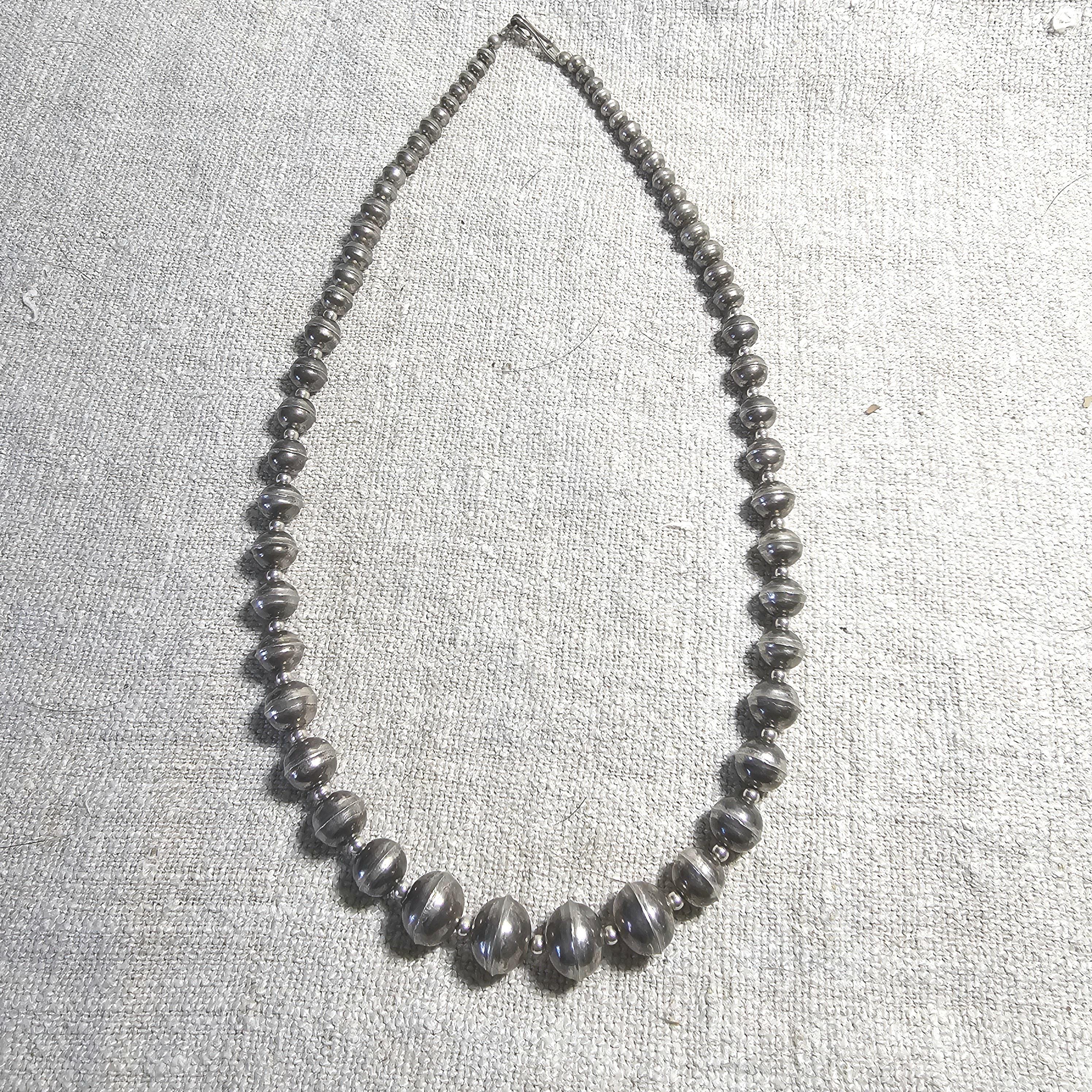 20" Interesting Strand of Graduated Vintage Navajo Pearls Old Pawn Sterling. JN 817