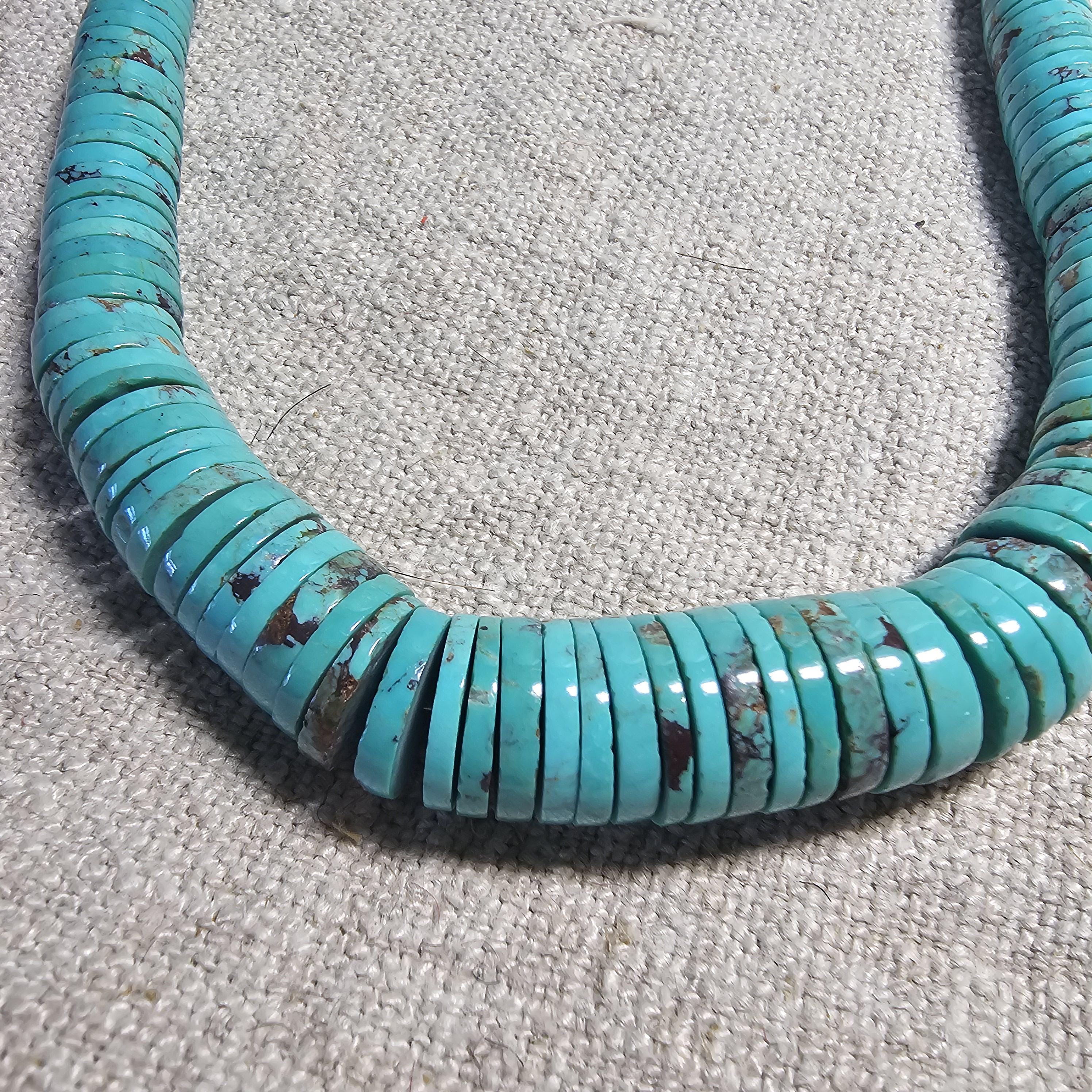 Flat Blue Turquoise Bead Heishi Necklace Old Pawn Sterling. C1950s JN 816