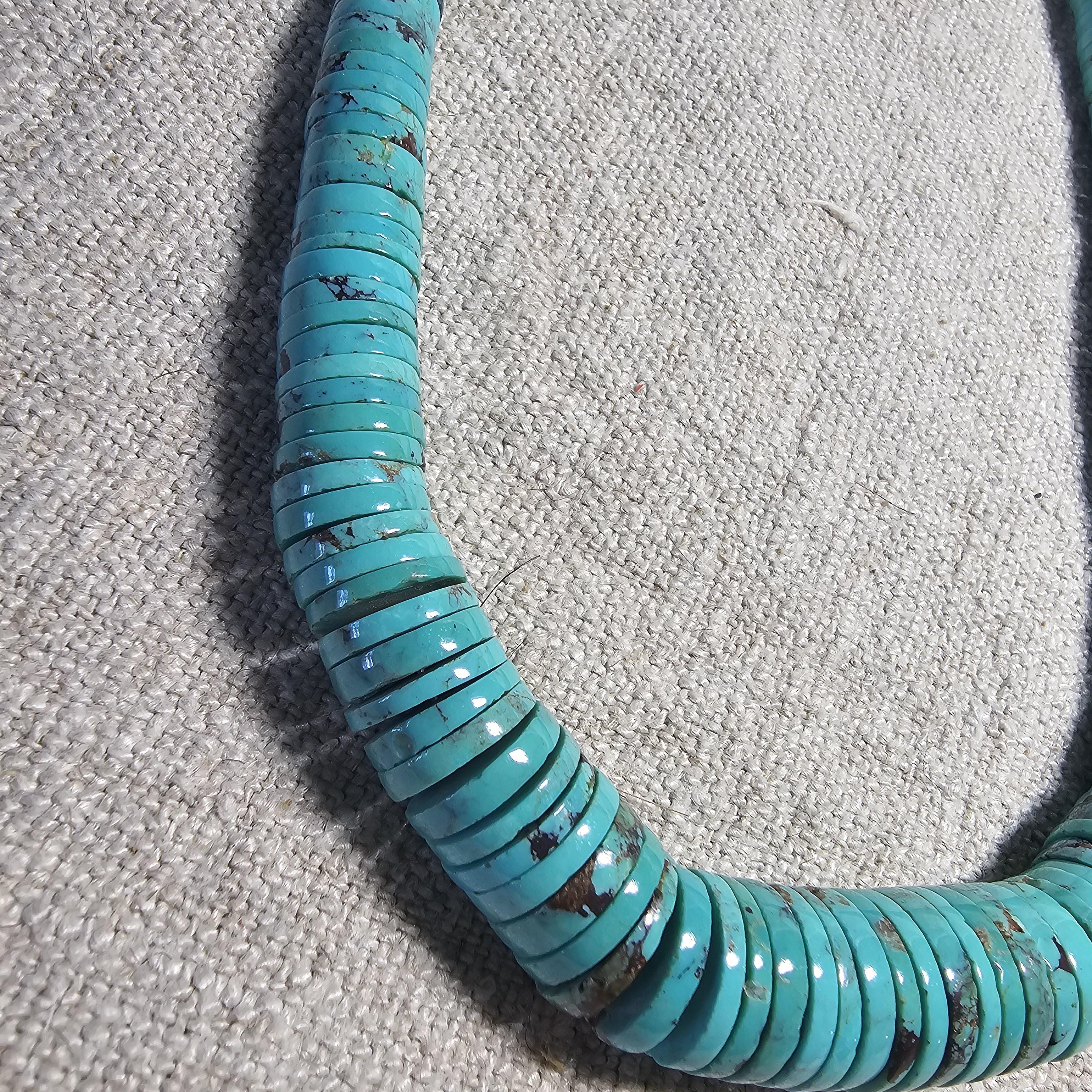 Flat Blue Turquoise Bead Heishi Necklace Old Pawn Sterling. C1950s JN 816