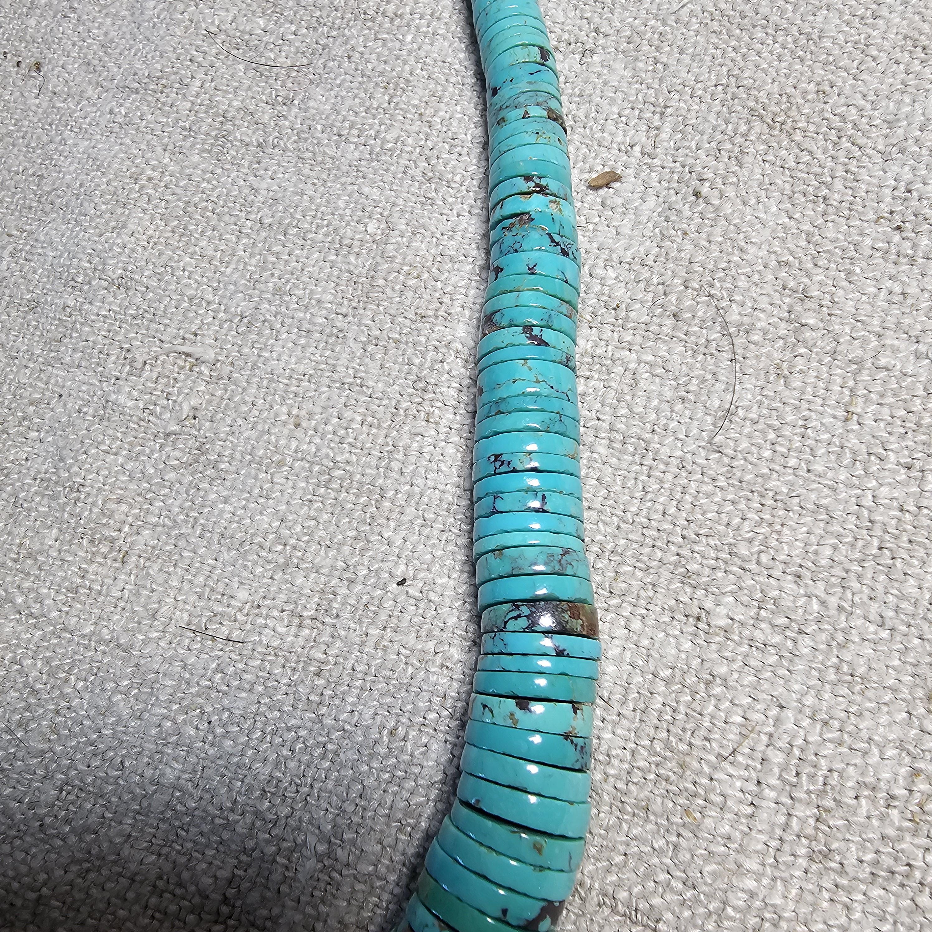 Flat Blue Turquoise Bead Heishi Necklace Old Pawn Sterling. C1950s JN 816