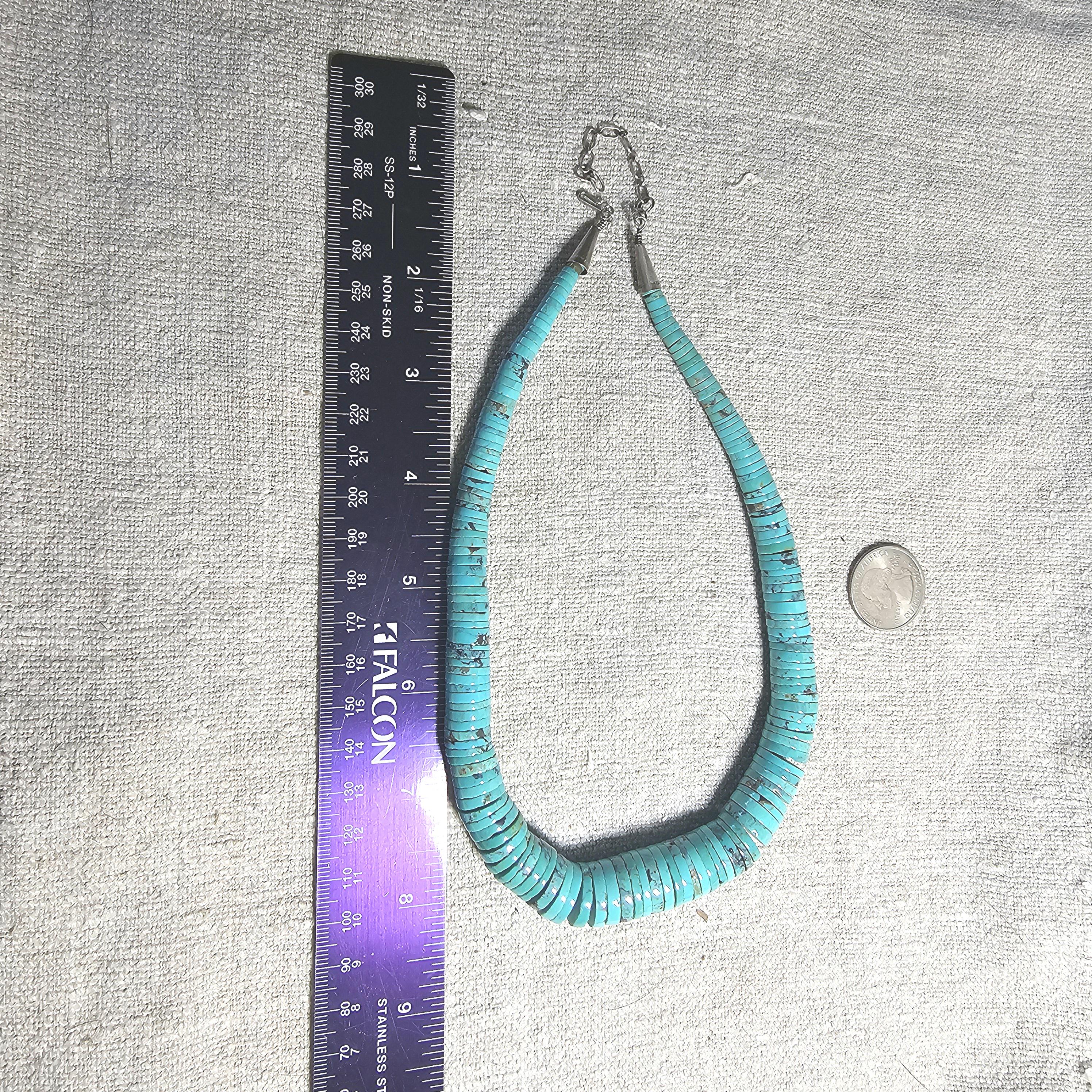 Flat Blue Turquoise Bead Heishi Necklace Old Pawn Sterling. C1950s JN 816