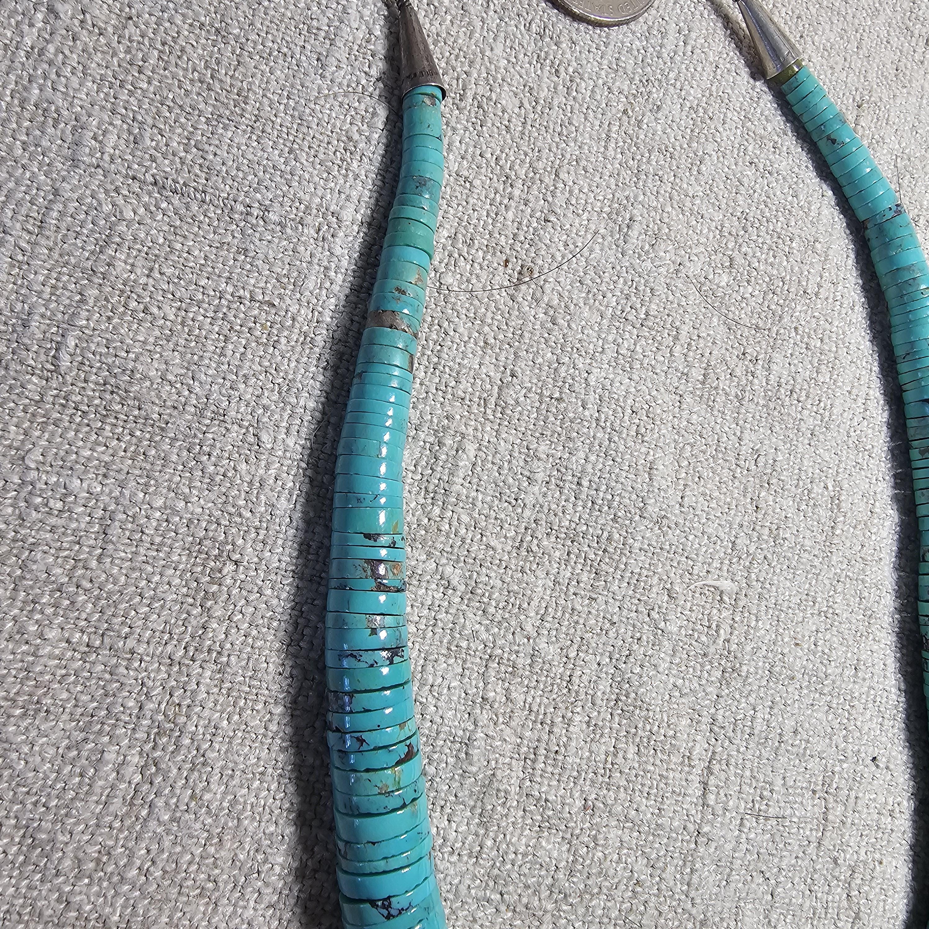 Flat Blue Turquoise Bead Heishi Necklace Old Pawn Sterling. C1950s JN 816