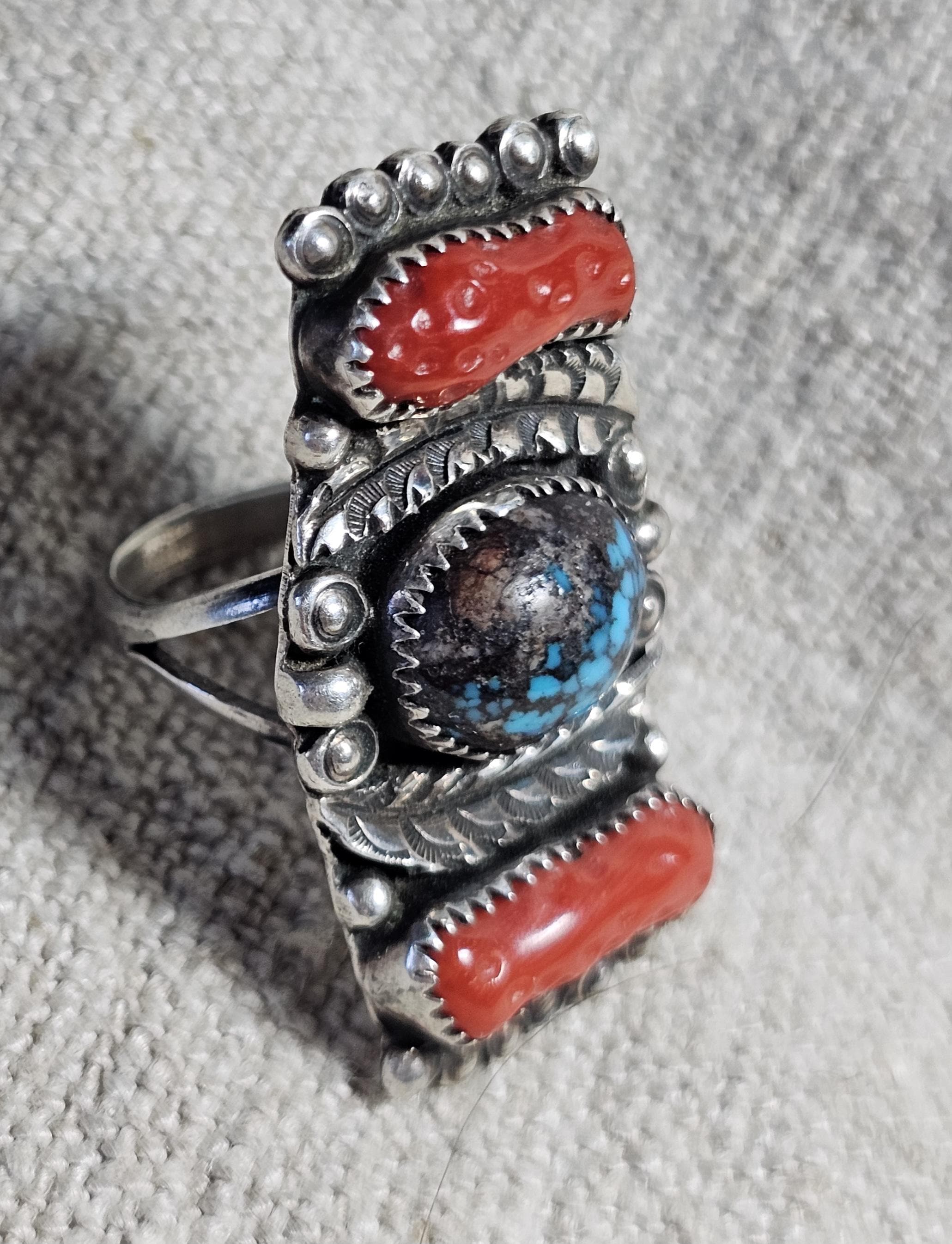 Bisbee Turquoise & Coral Vintage Native Sterling Silver Ring, Size 9 1/2  JR 650