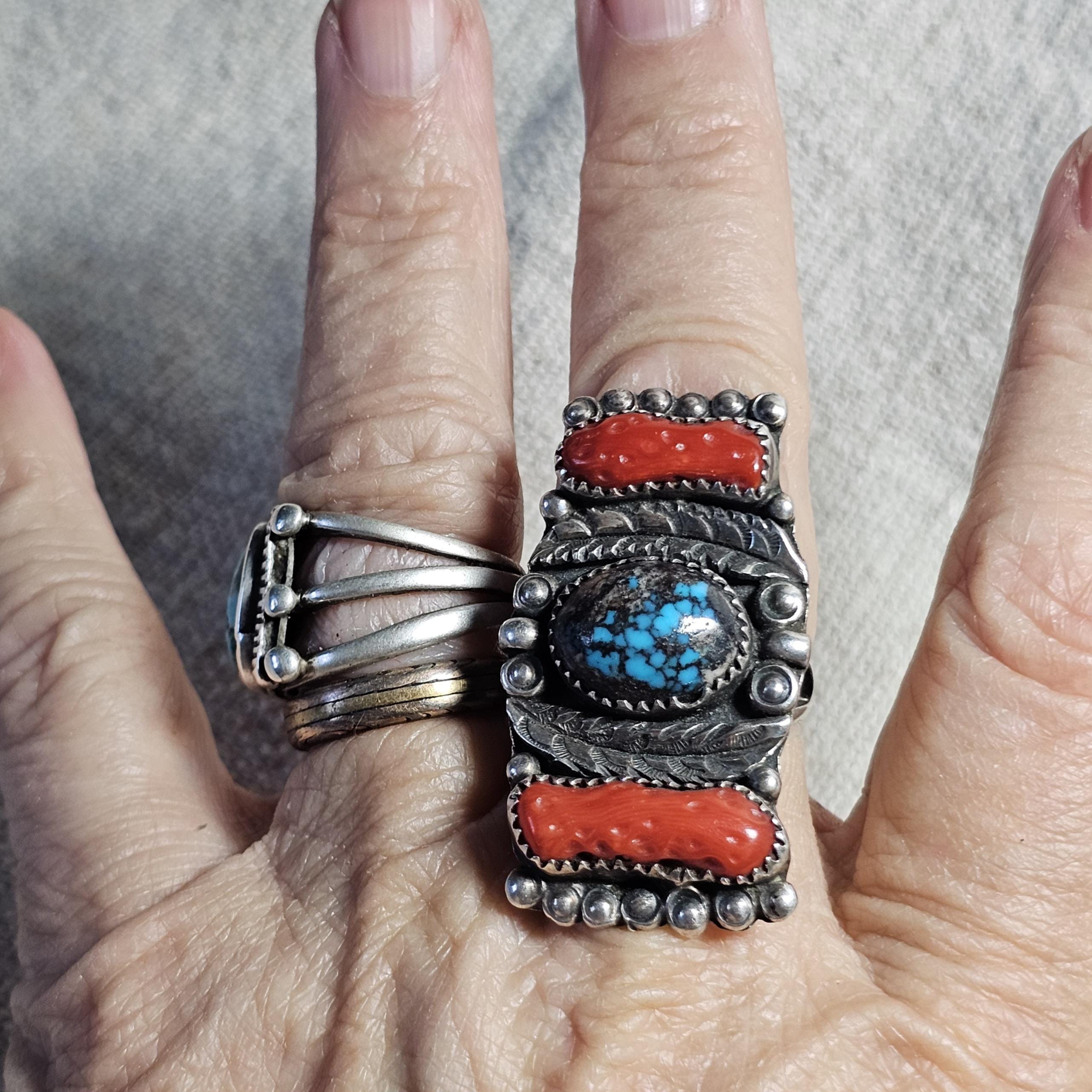 Bisbee Turquoise & Coral Vintage Native Sterling Silver Ring, Size 9 1/2  JR 650