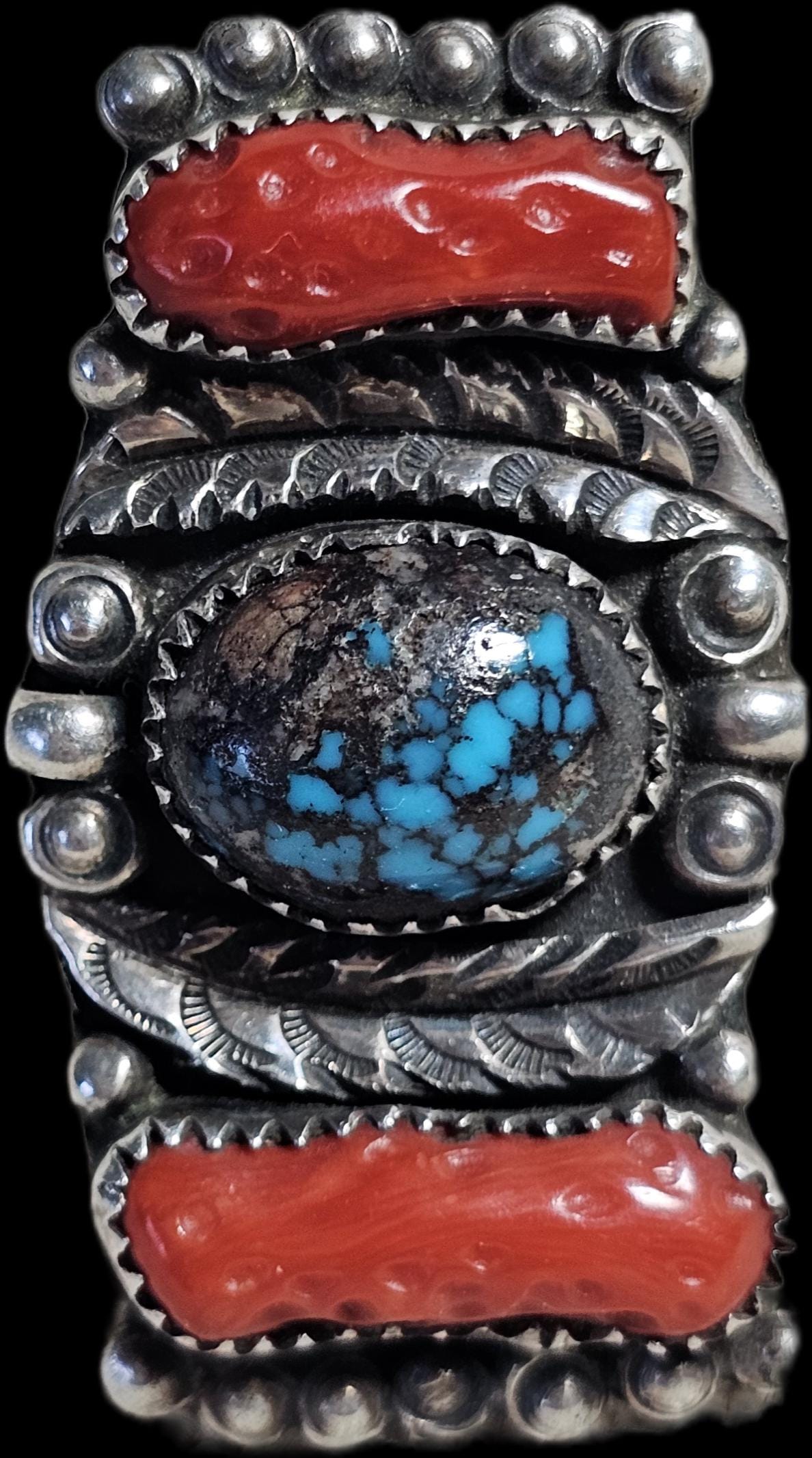 Bisbee Turquoise & Coral Vintage Native Sterling Silver Ring, Size 9 1/2  JR 650