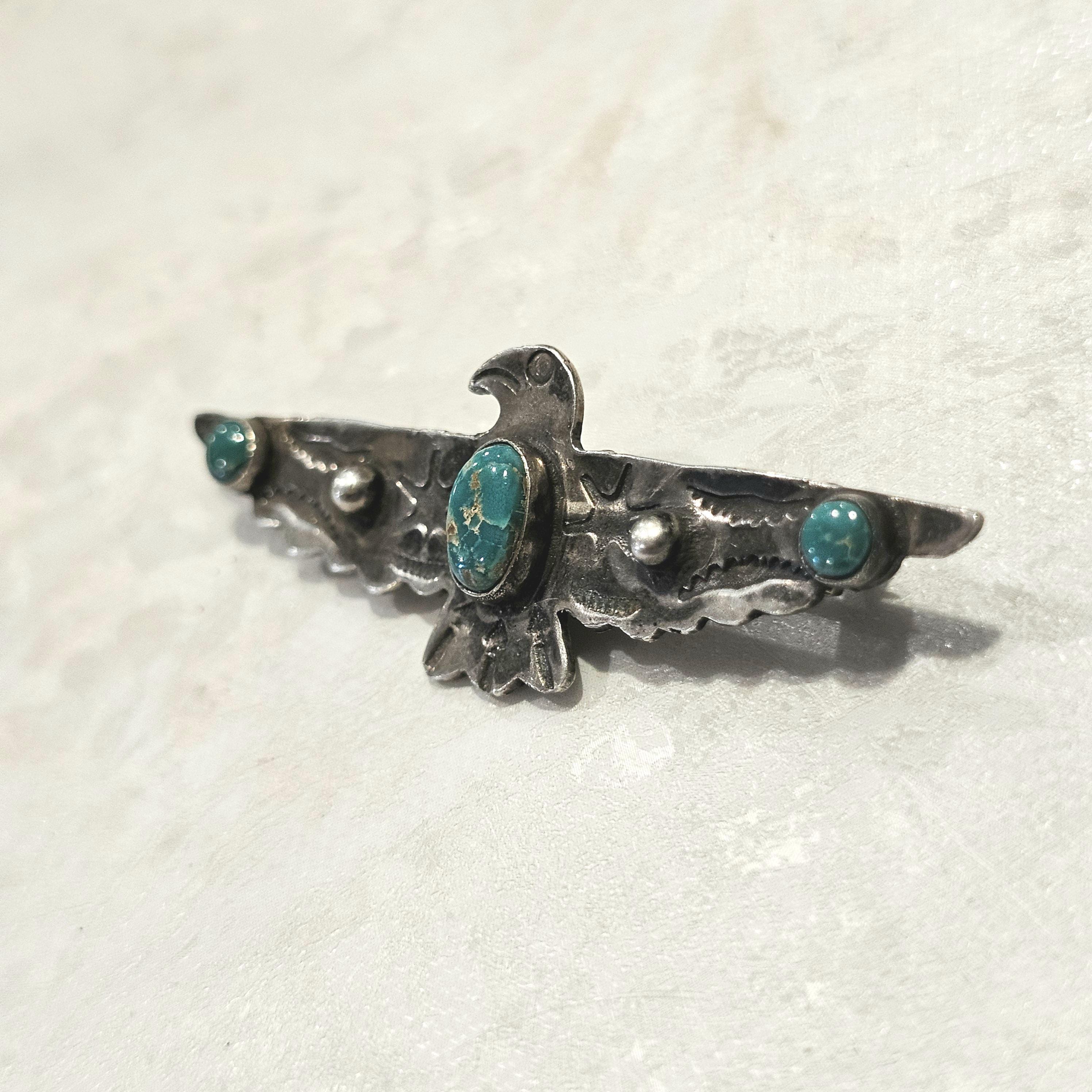 1930s Thunderbird Pin 3 Blue Turquoise Stones Native Old Pawn # JP 185