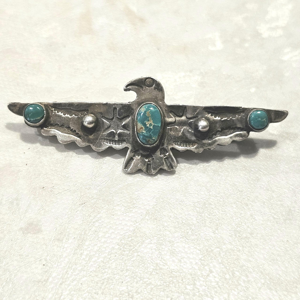 1930s Thunderbird Pin 3 Blue Turquoise Stones Native Old Pawn # JP 185