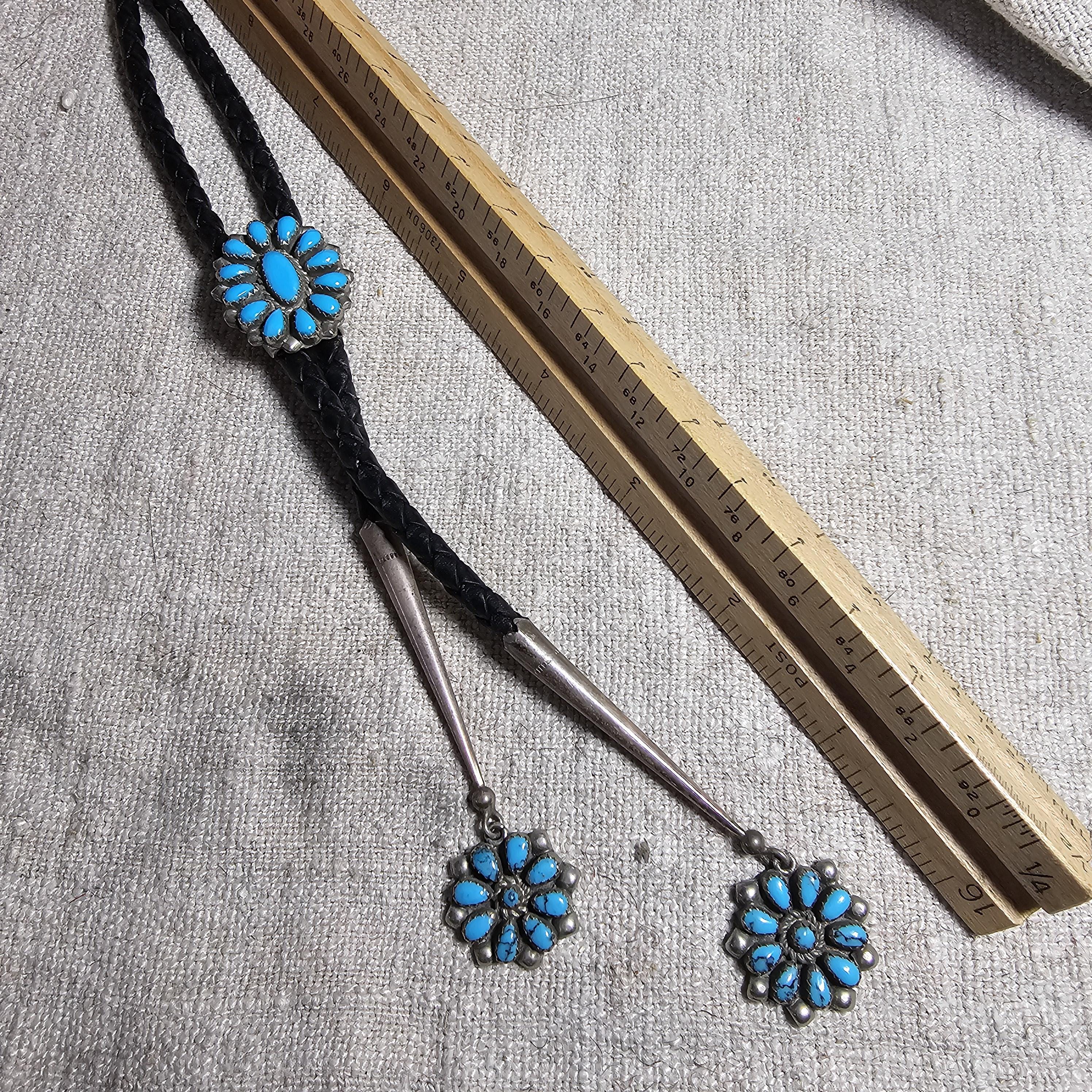 1950s Lady Size Zuni Cluster Blue Turquoise Vintage Sterling Bolo  # JBO 163