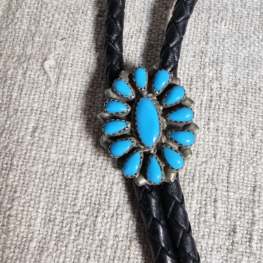 1950s Lady Size Zuni Cluster Blue Turquoise Vintage Sterling Bolo  # JBO 163