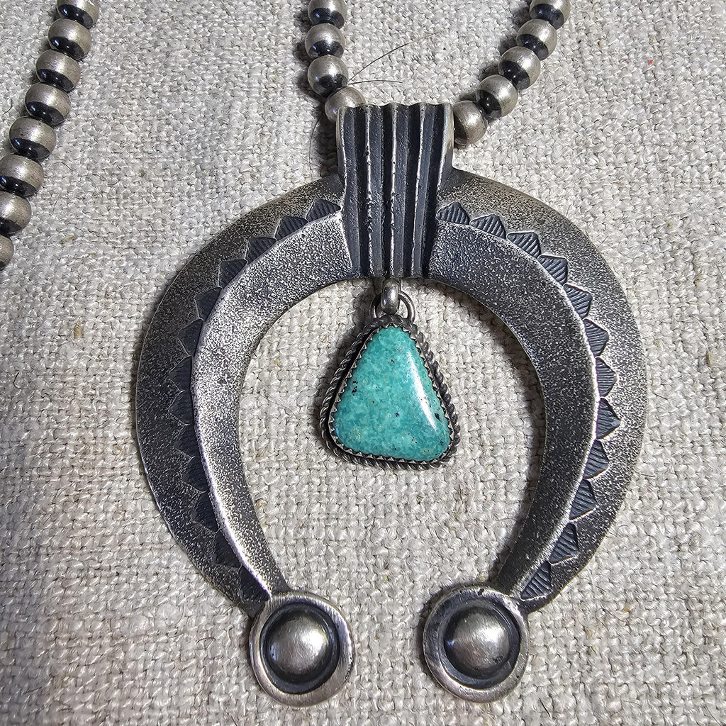 Tufa Cast Silver Naja w/ Turquoise Vintage Silver Navajo Pearls Old Pawn JN 730