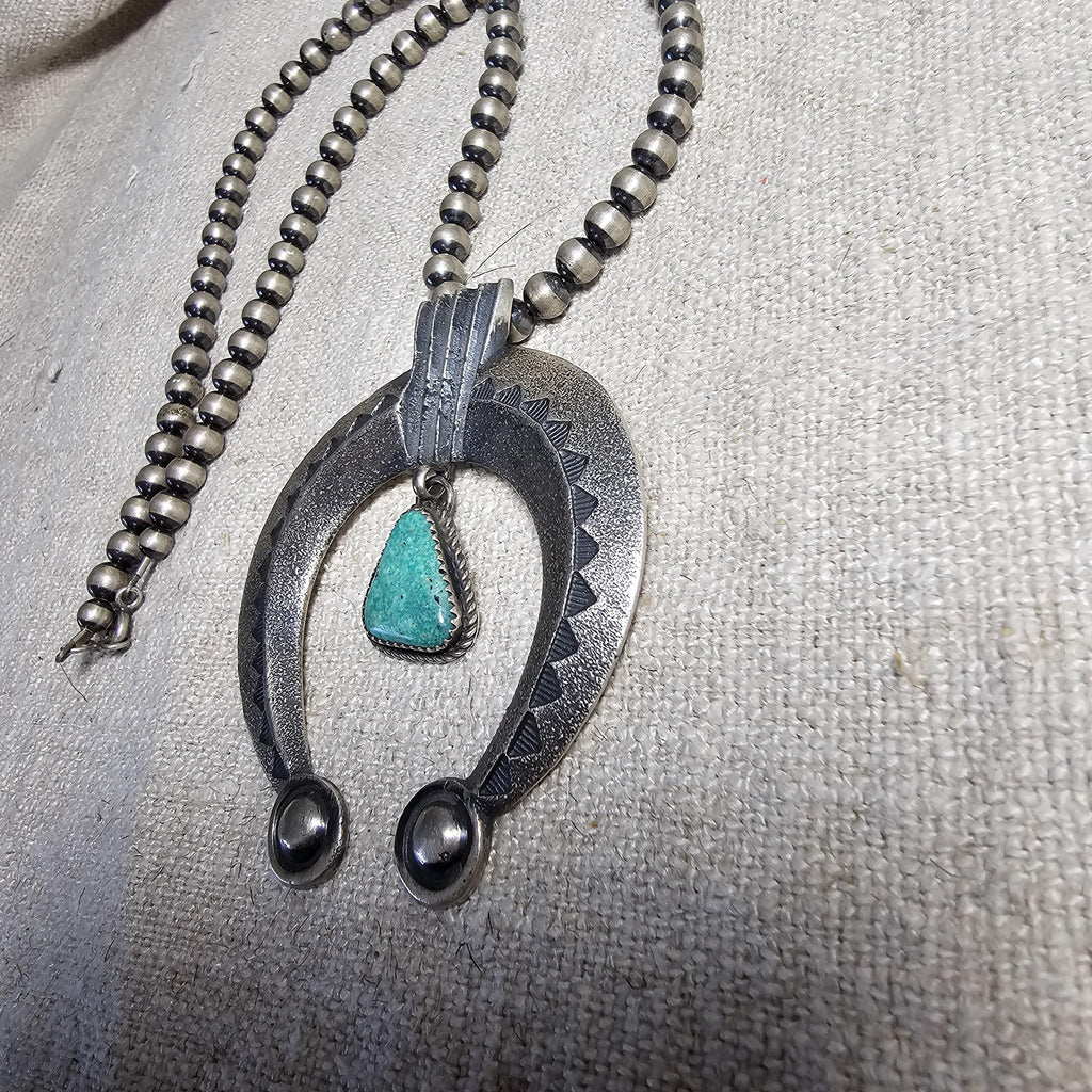 Tufa Cast Silver Naja w/ Turquoise Vintage Silver Navajo Pearls Old Pawn JN 730