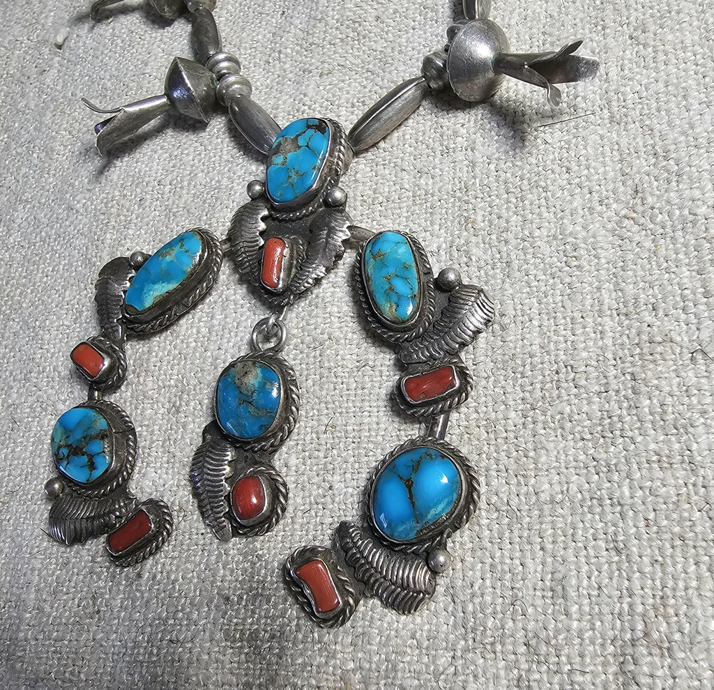C 1940s Simplicio Style Squash Blossom Turquoise & Coral Native Sterling Necklace  Old Pawn  JN 625
