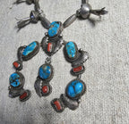 C 1940s Simplicio Style Squash Blossom Turquoise & Coral Native Sterling Necklace  Old Pawn  JN 625