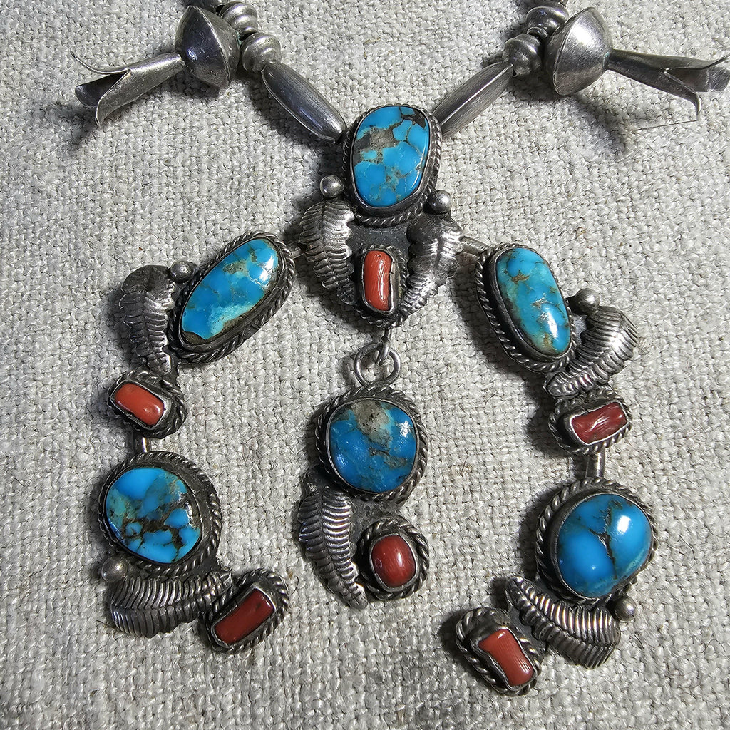 C 1940s Simplicio Style Squash Blossom Turquoise & Coral Native Sterling Necklace  Old Pawn  JN 625