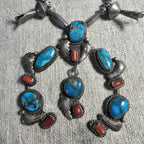 C 1940s Simplicio Style Squash Blossom Turquoise & Coral Native Sterling Necklace  Old Pawn  JN 625