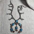 C 1940s Simplicio Style Squash Blossom Turquoise & Coral Native Sterling Necklace  Old Pawn  JN 625