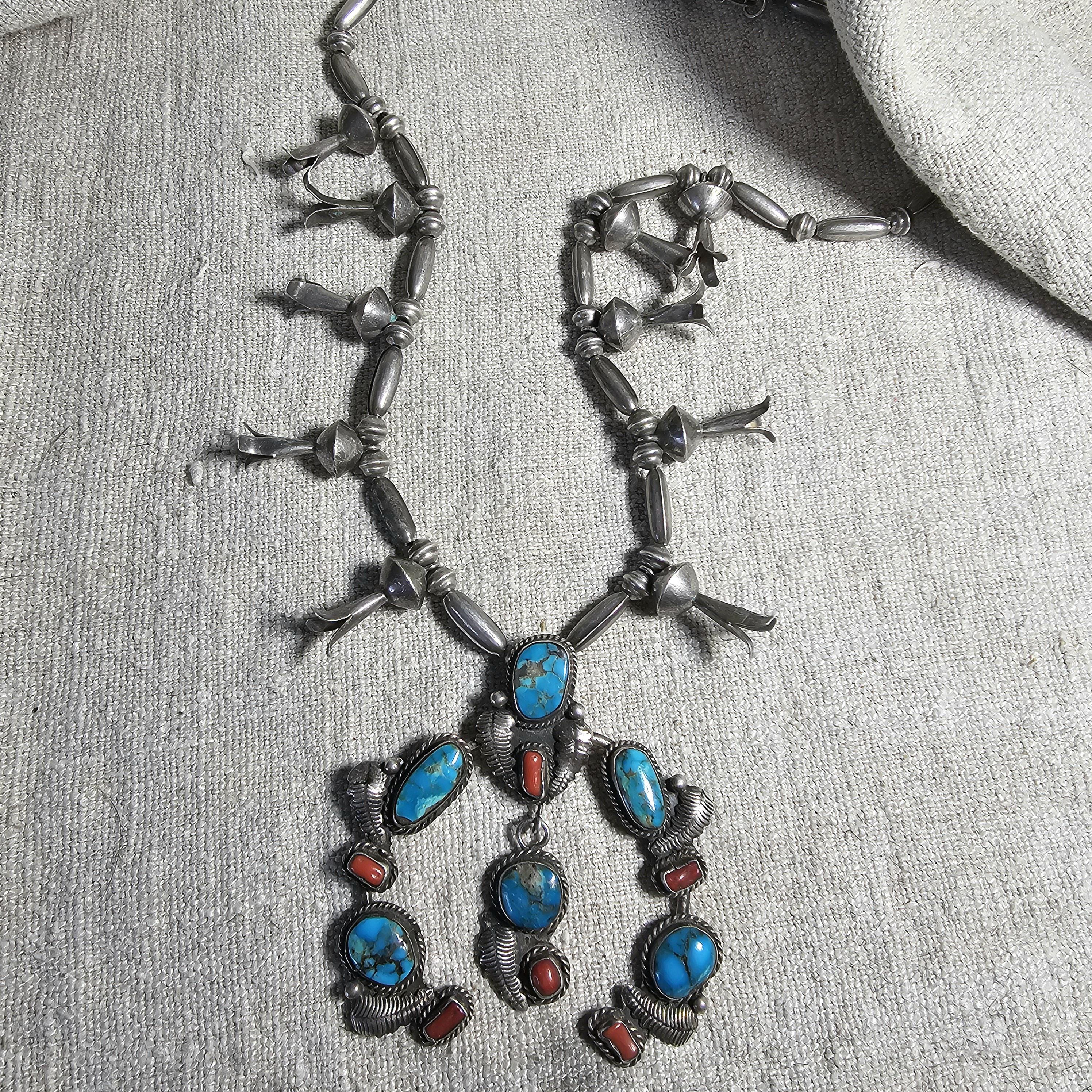 C 1940s Simplicio Style Squash Blossom Turquoise & Coral Native Sterling Necklace  Old Pawn  JN 625