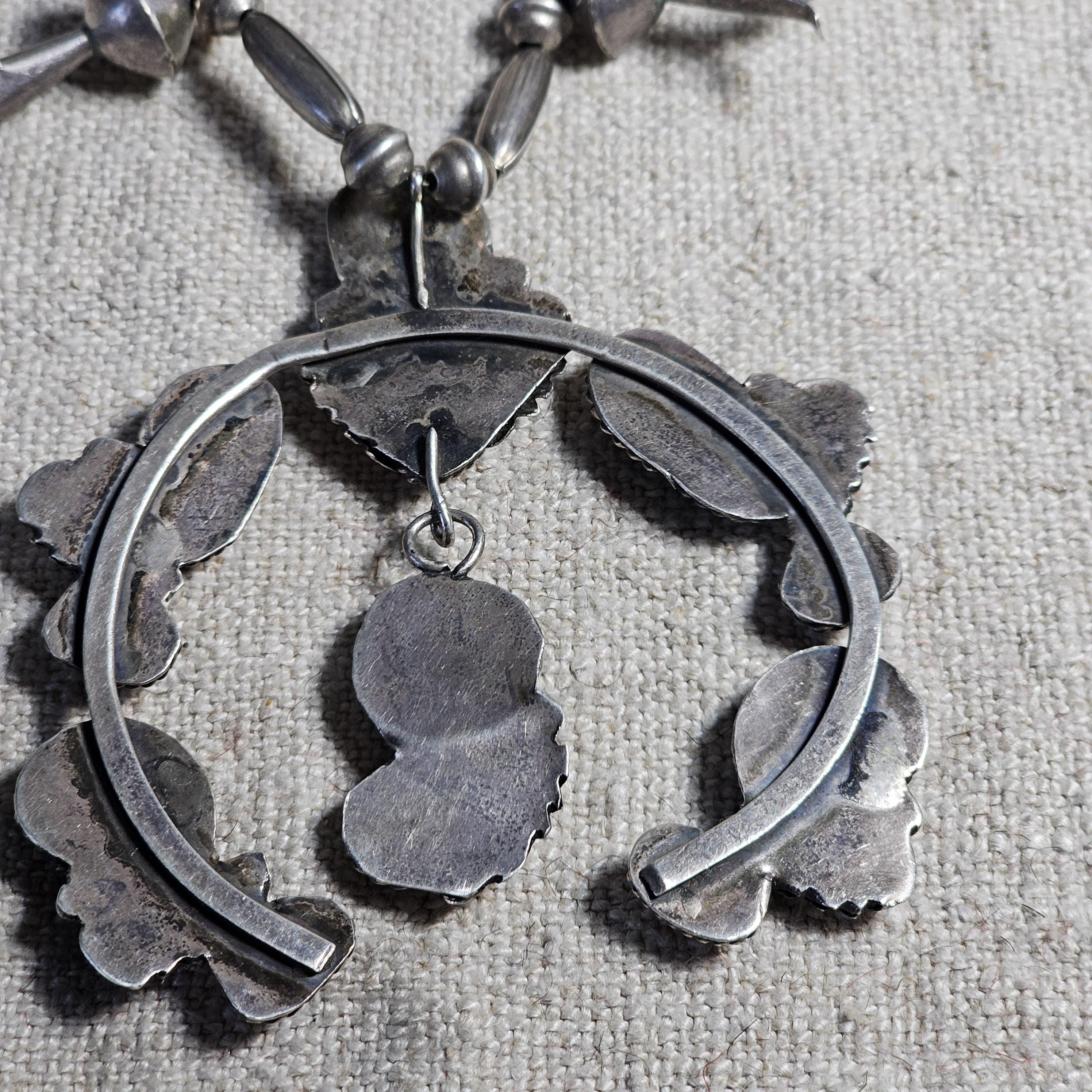 C 1940s Simplicio Style Squash Blossom Turquoise & Coral Native Sterling Necklace  Old Pawn  JN 625