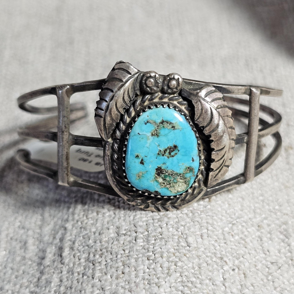 Nugget Turquoise Signed Vintage Native Sterling Old Pawn fits 6" wrist. JB 180