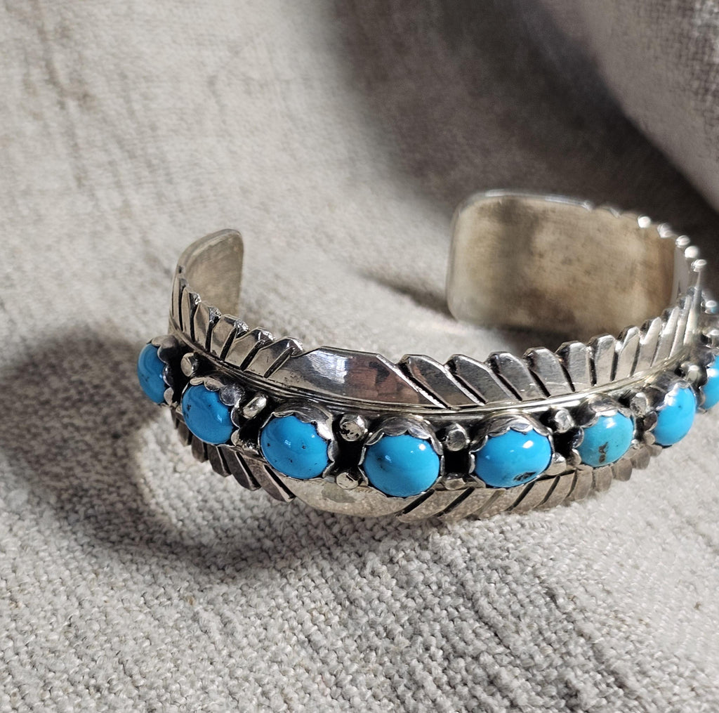 Vintage 11 Turquoise Sterling Cuff Bracelet, Native Old Pawn size 6 3/4" JB 303