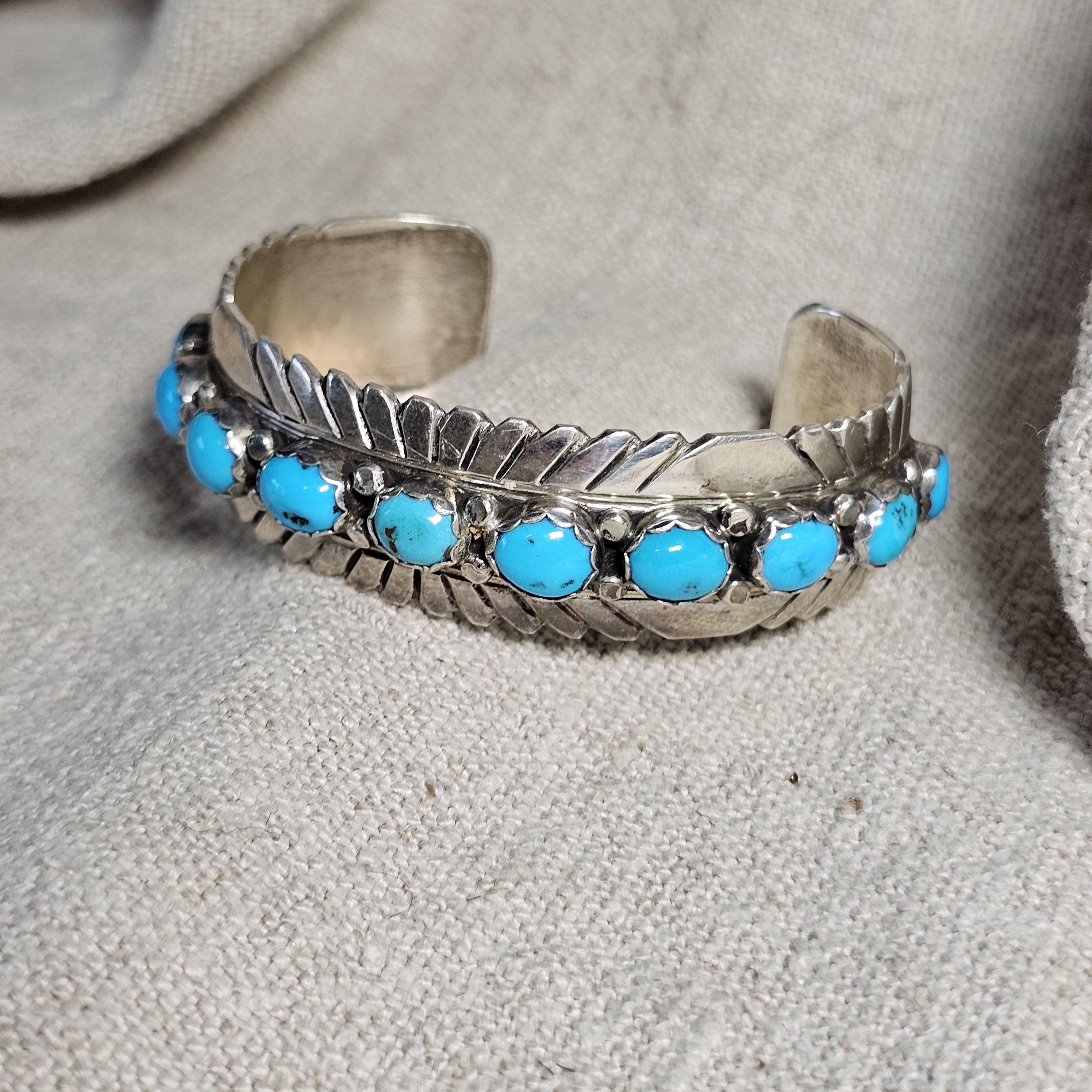 Vintage 11 Turquoise Sterling Cuff Bracelet, Native Old Pawn size 6 3/4" JB 303