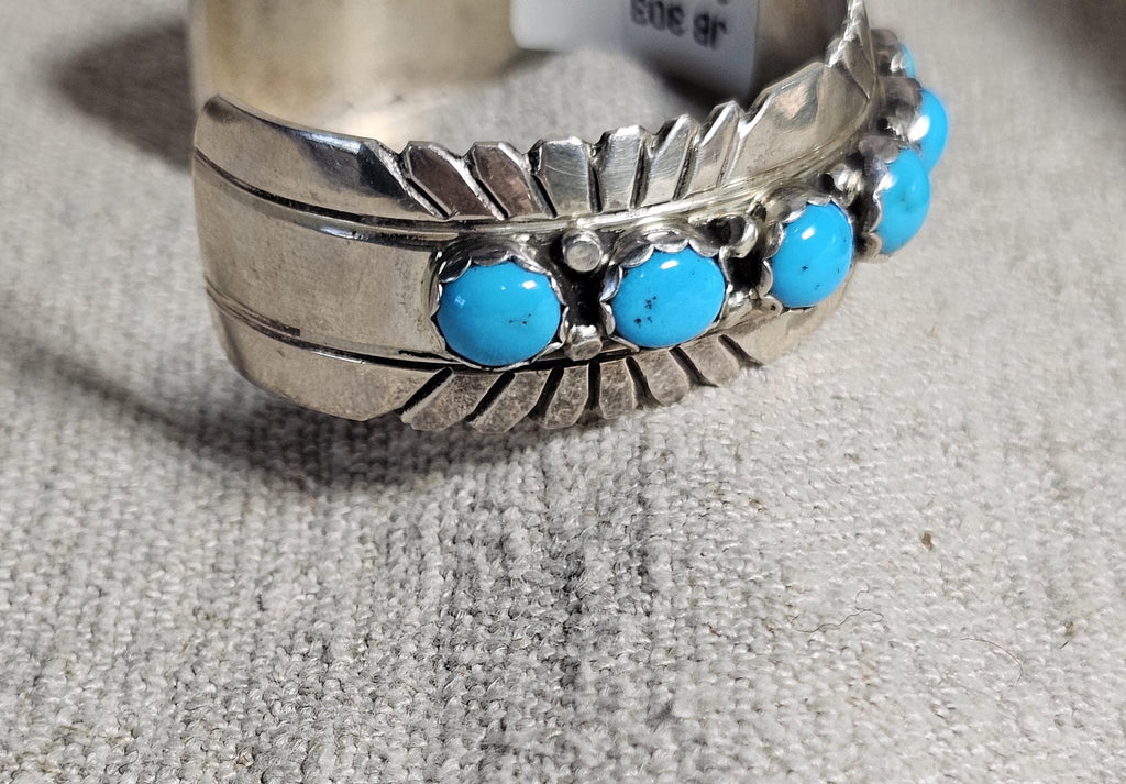 Vintage 11 Turquoise Sterling Cuff Bracelet, Native Old Pawn size 6 3/4" JB 303