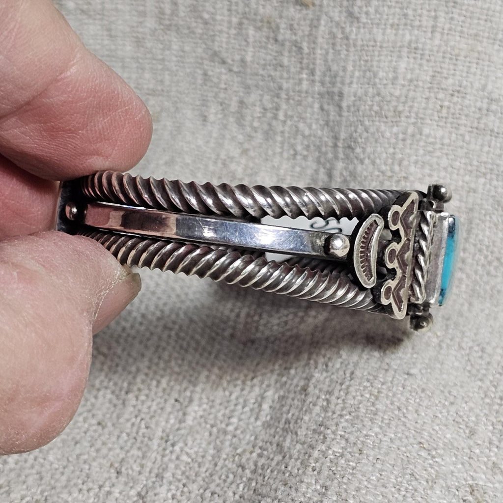 Vintage Ray Tracy Silver Blue Turquoise Cuff - Native Bracelet Old Pawn 6 3/4" wrist JB 327