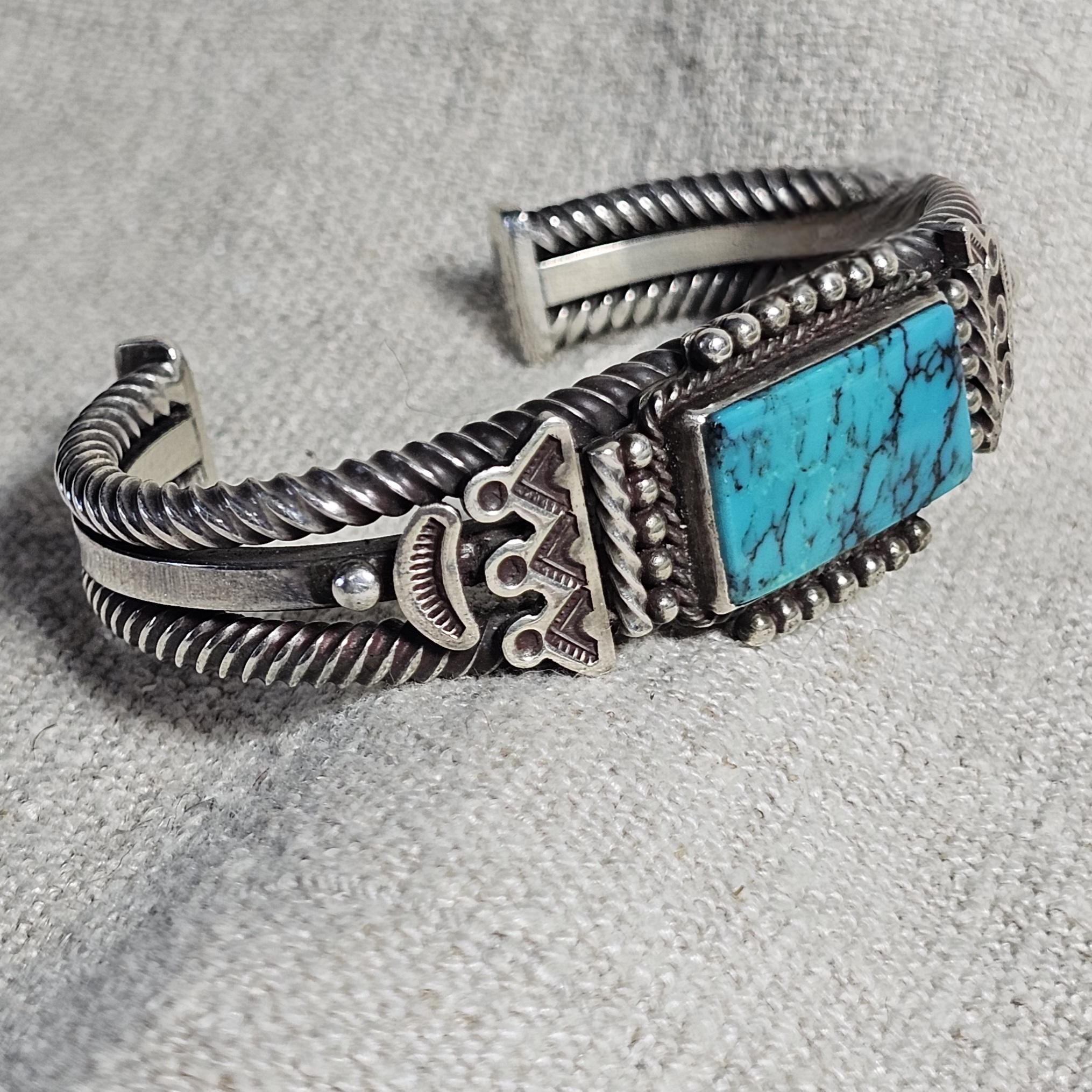 Vintage Ray Tracy Silver Blue Turquoise Cuff - Native Bracelet Old Pawn 6 3/4" wrist JB 327