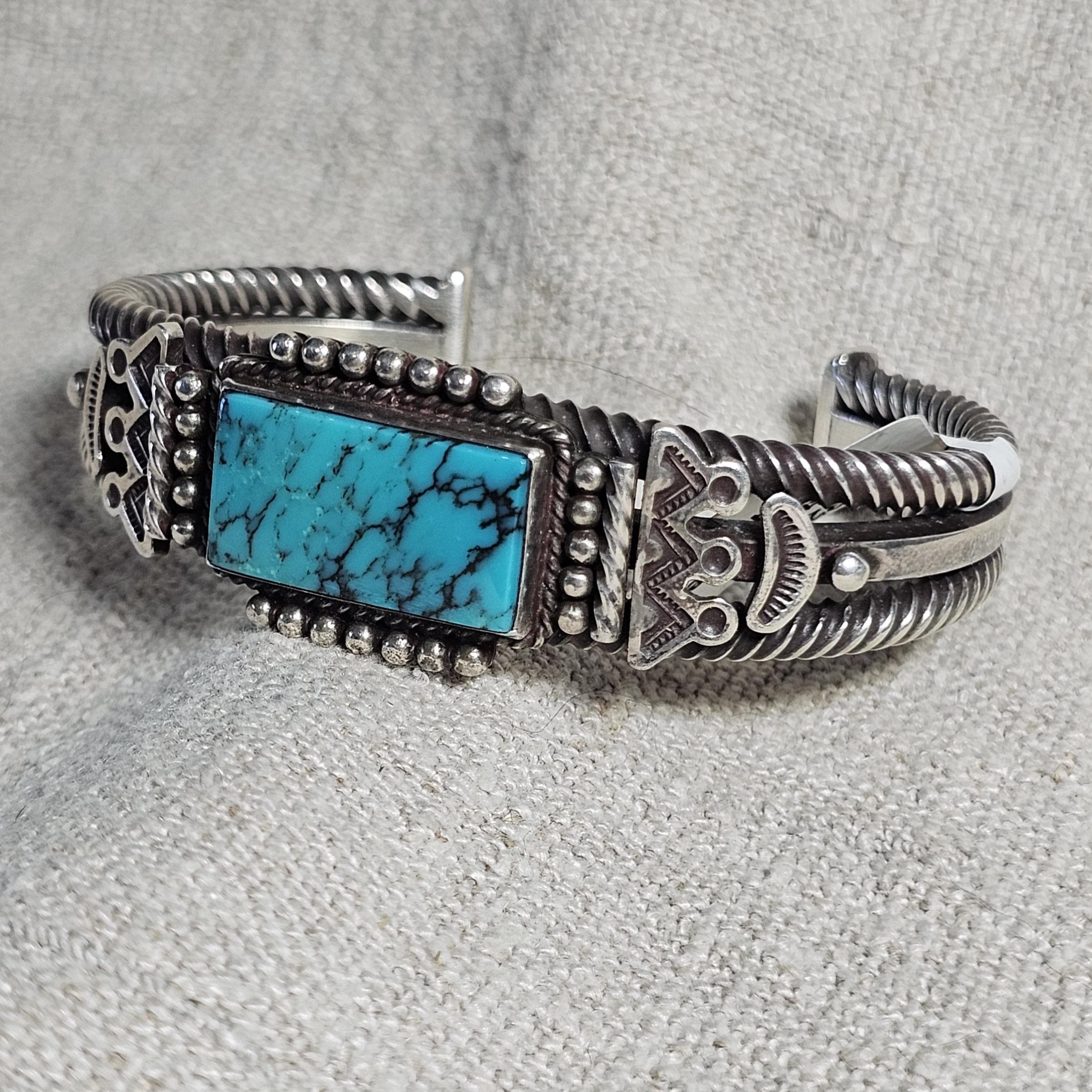 Vintage Ray Tracy Silver Blue Turquoise Cuff - Native Bracelet Old Pawn 6 3/4" wrist JB 327