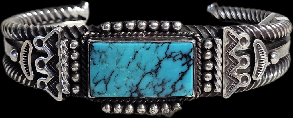 Vintage Ray Tracy Silver Blue Turquoise Cuff - Native Bracelet Old Pawn 6 3/4" wrist JB 327
