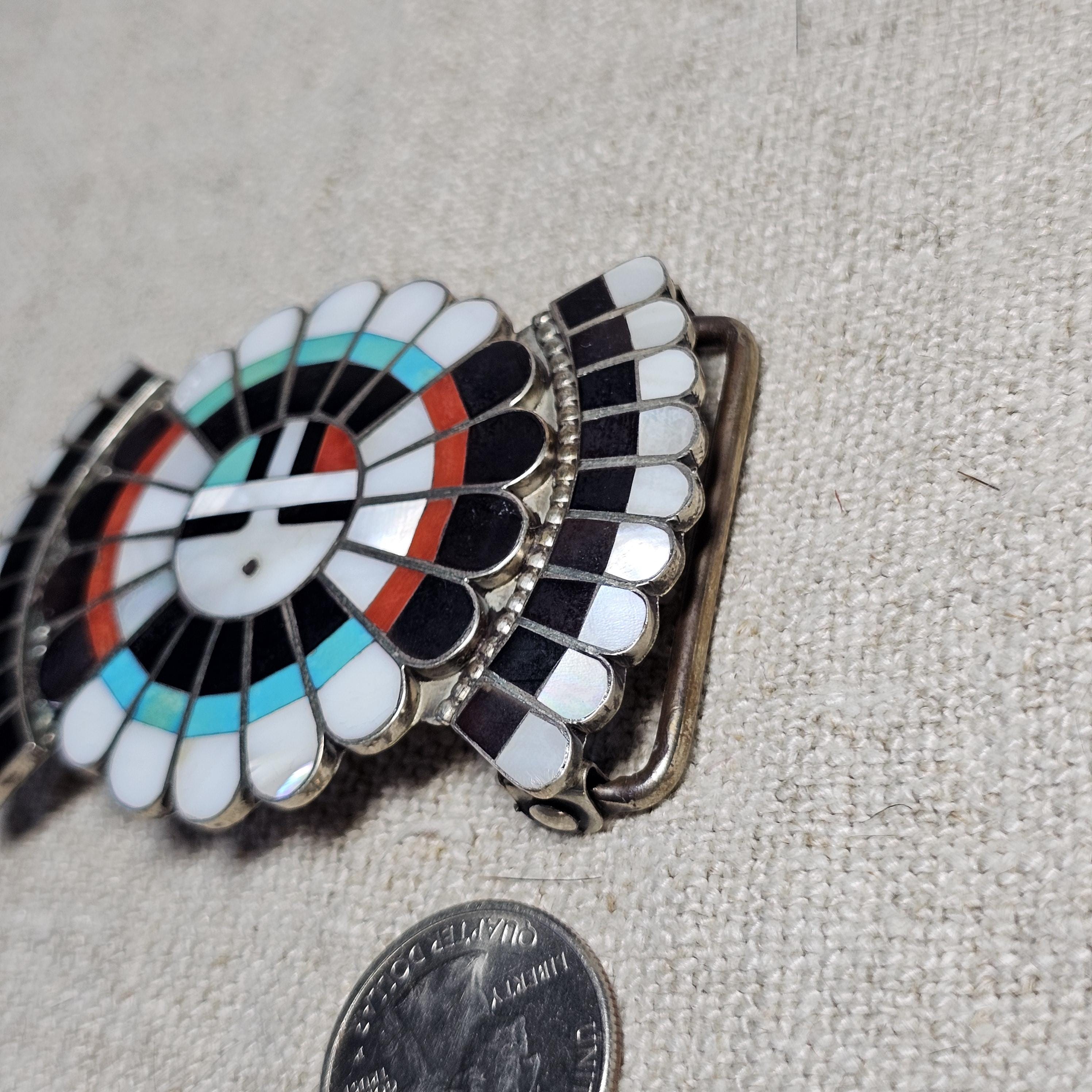 Sunface Zuni Inlay Signed Turquoise Vintage Buckle  Old Pawn JK 215