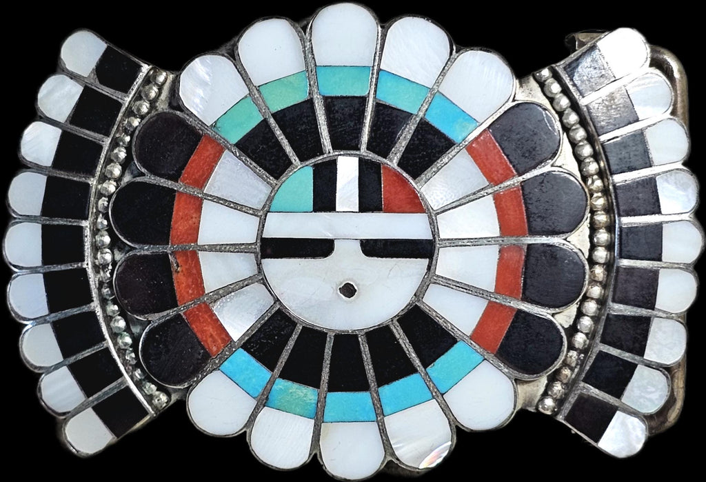 Sunface Zuni Inlay Signed Turquoise Vintage Buckle  Old Pawn JK 215