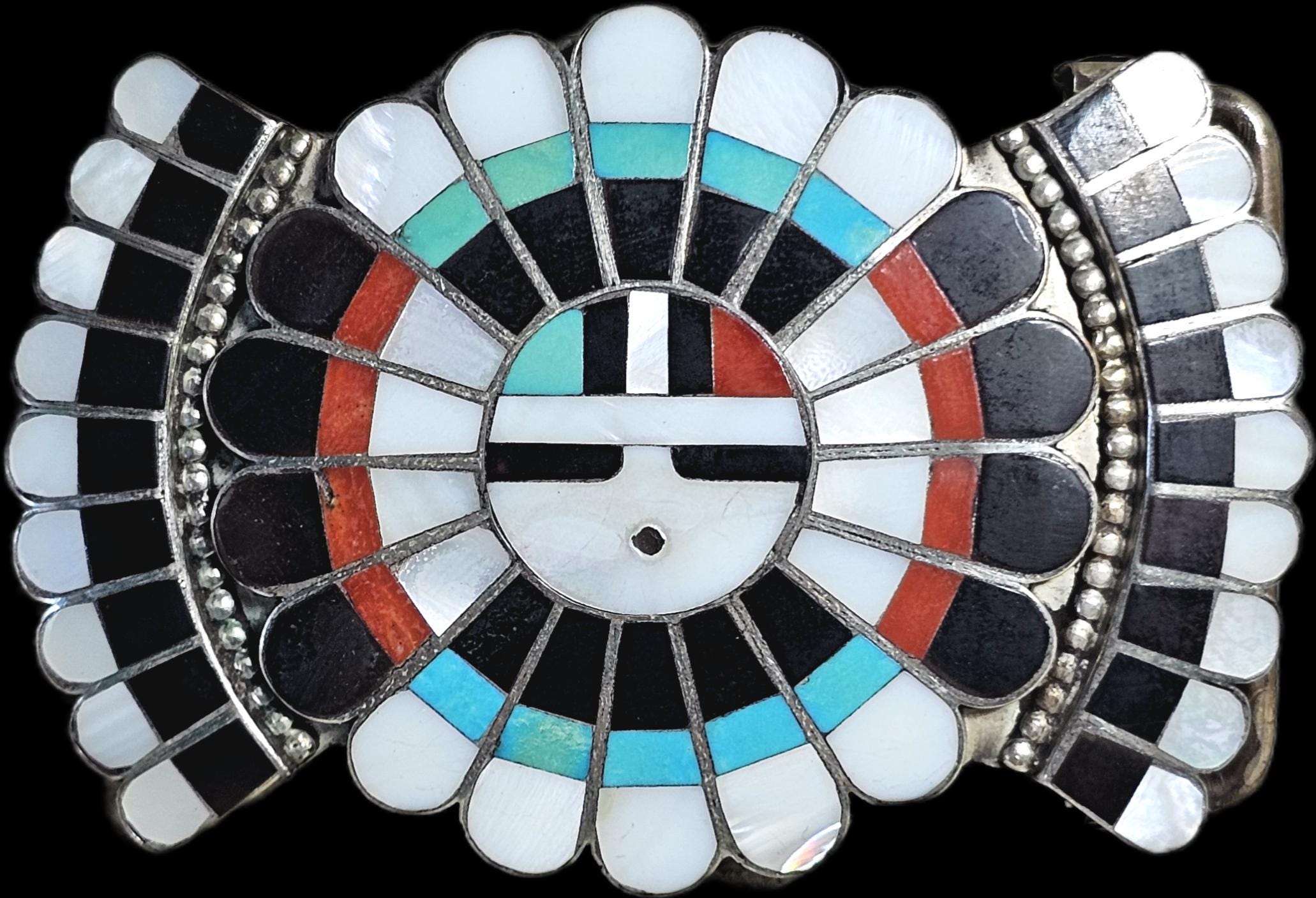 Sunface Zuni Inlay Signed Turquoise Vintage Buckle  Old Pawn JK 215
