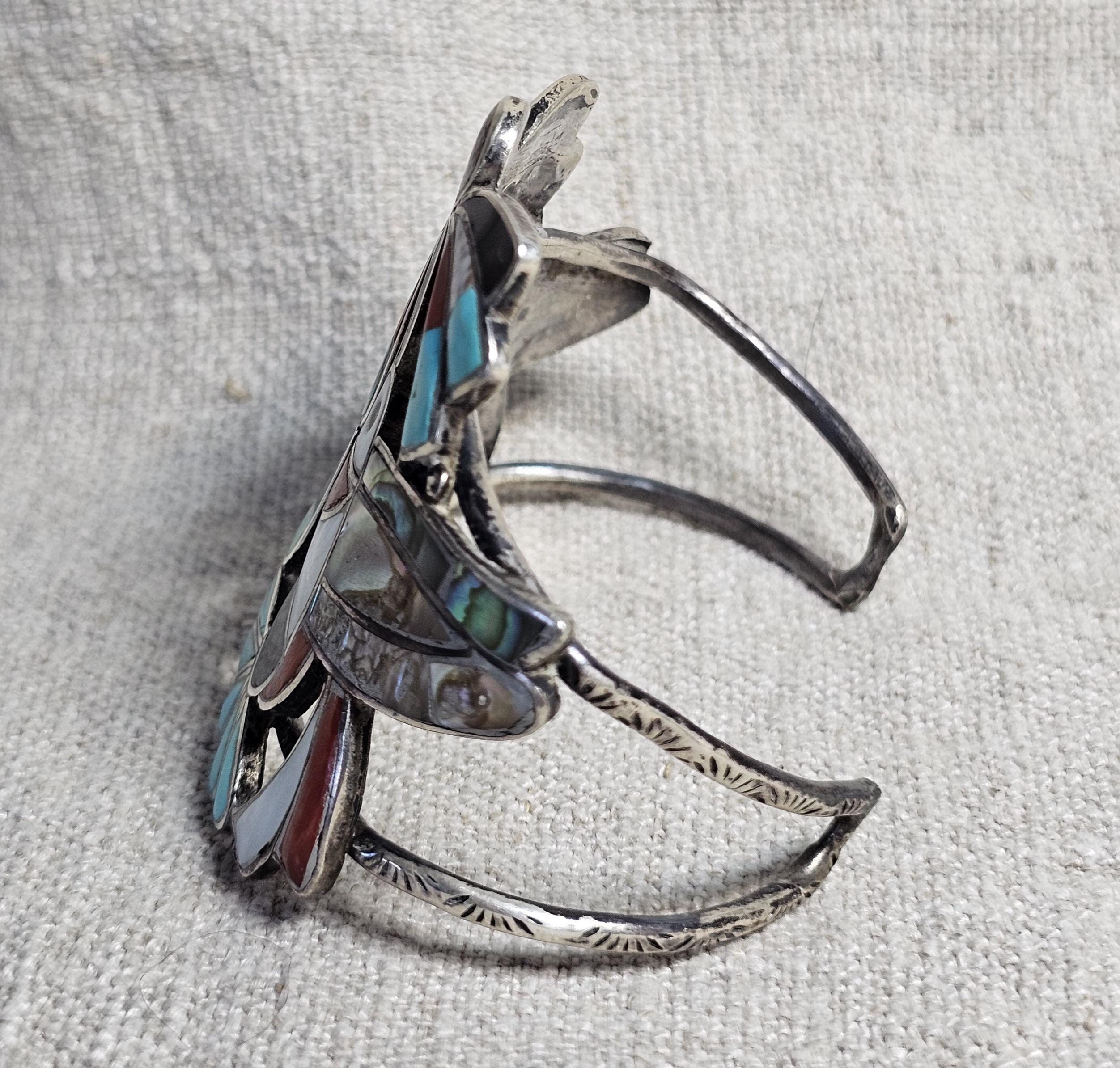 Humming Birds Zuni Inlay Sterling Silver Cuff Bracelet 6 3/4" wrist JB 316