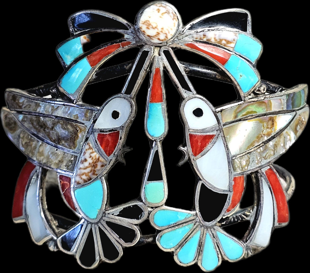 Humming Birds Zuni Inlay Sterling Silver Cuff Bracelet 6 3/4" wrist JB 316