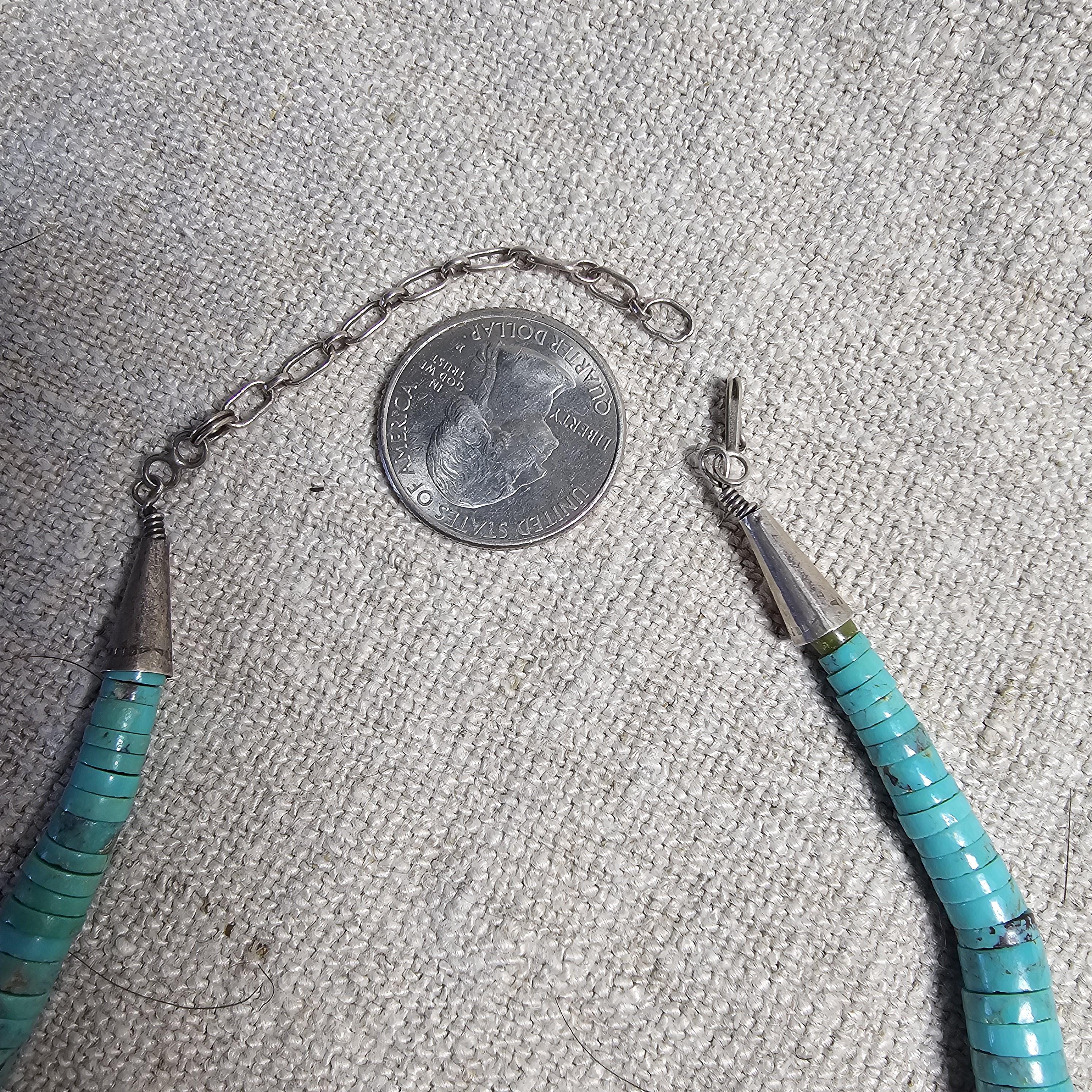 Flat Blue Turquoise Bead Heishi Necklace Old Pawn Sterling. C1950s JN 816