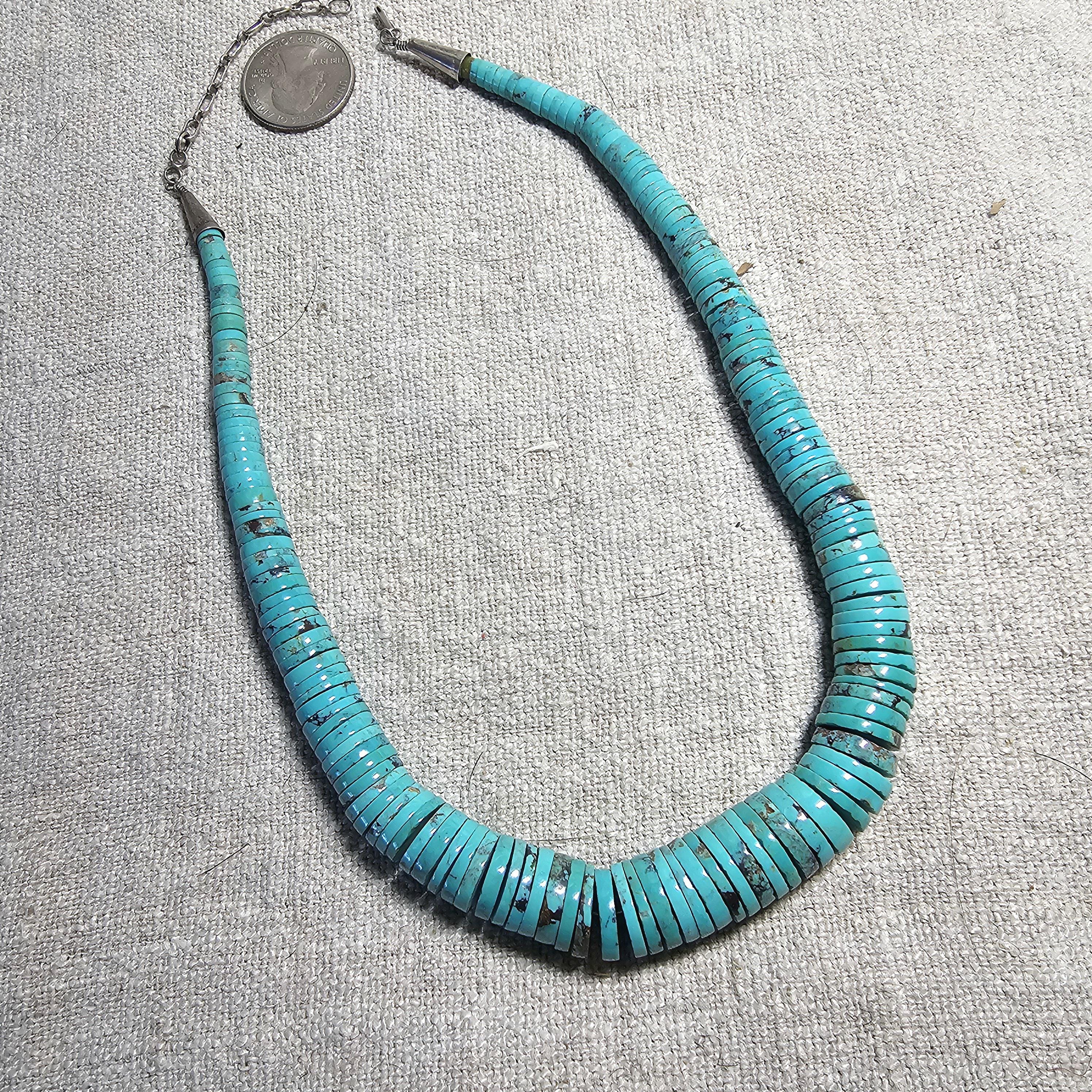 Flat Blue Turquoise Bead Heishi Necklace Old Pawn Sterling. C1950s JN 816