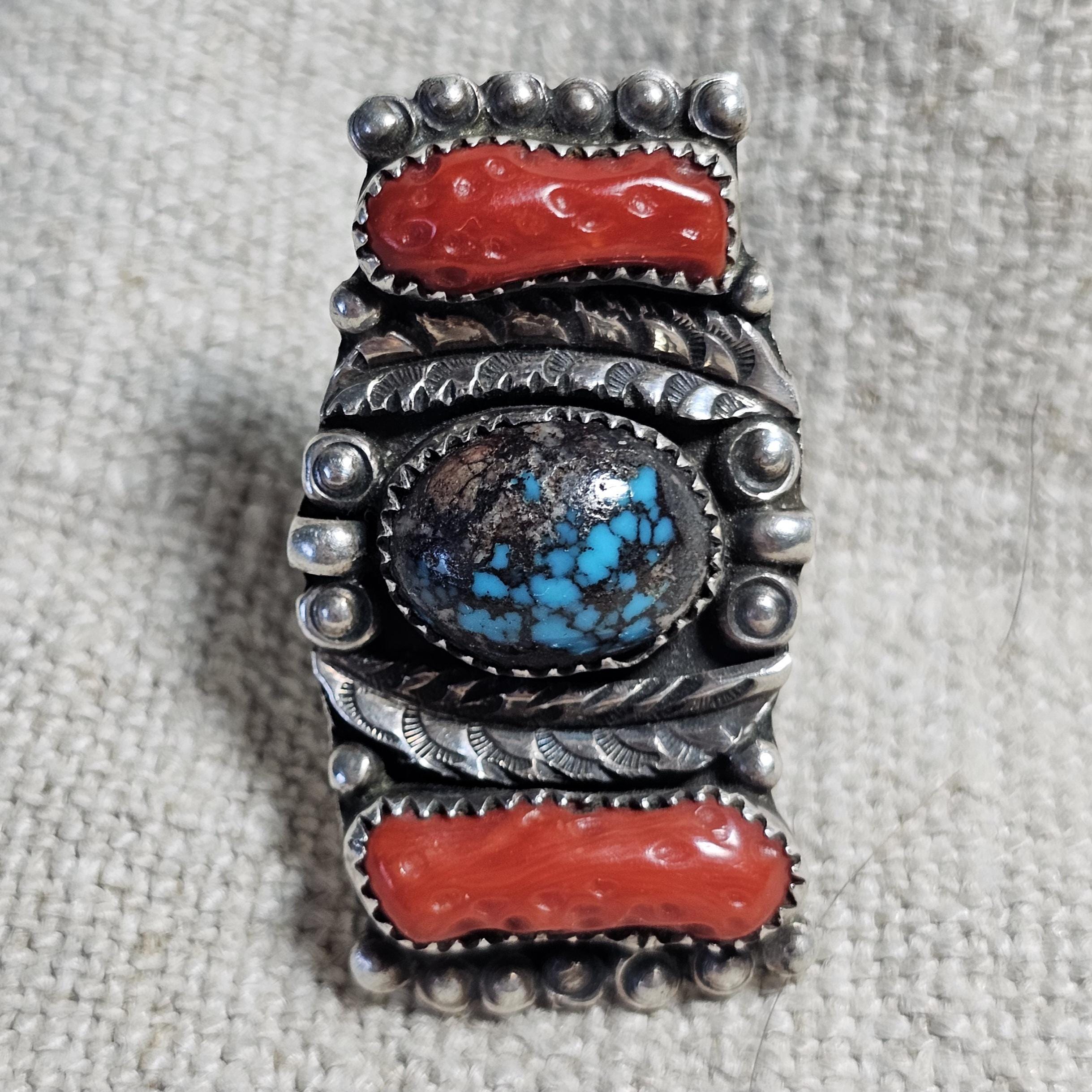 Bisbee Turquoise & Coral Vintage Native Sterling Silver Ring, Size 9 1/2  JR 650