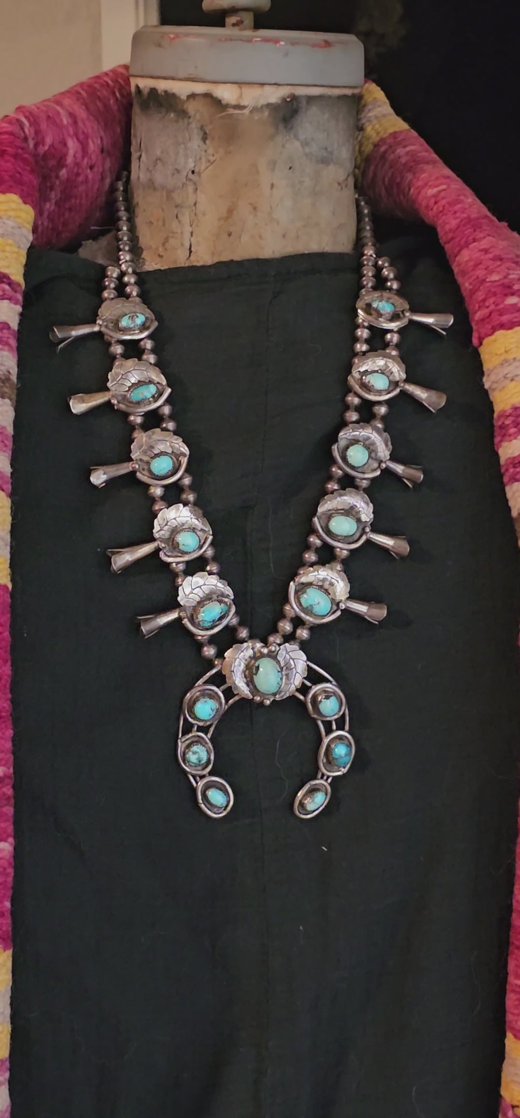 Old Blue Turquoise Squash Blossom Necklace: Old Pawn Sterling Silver  JN 815