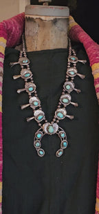 Old Blue Turquoise Squash Blossom Necklace: Old Pawn Sterling Silver  JN 815