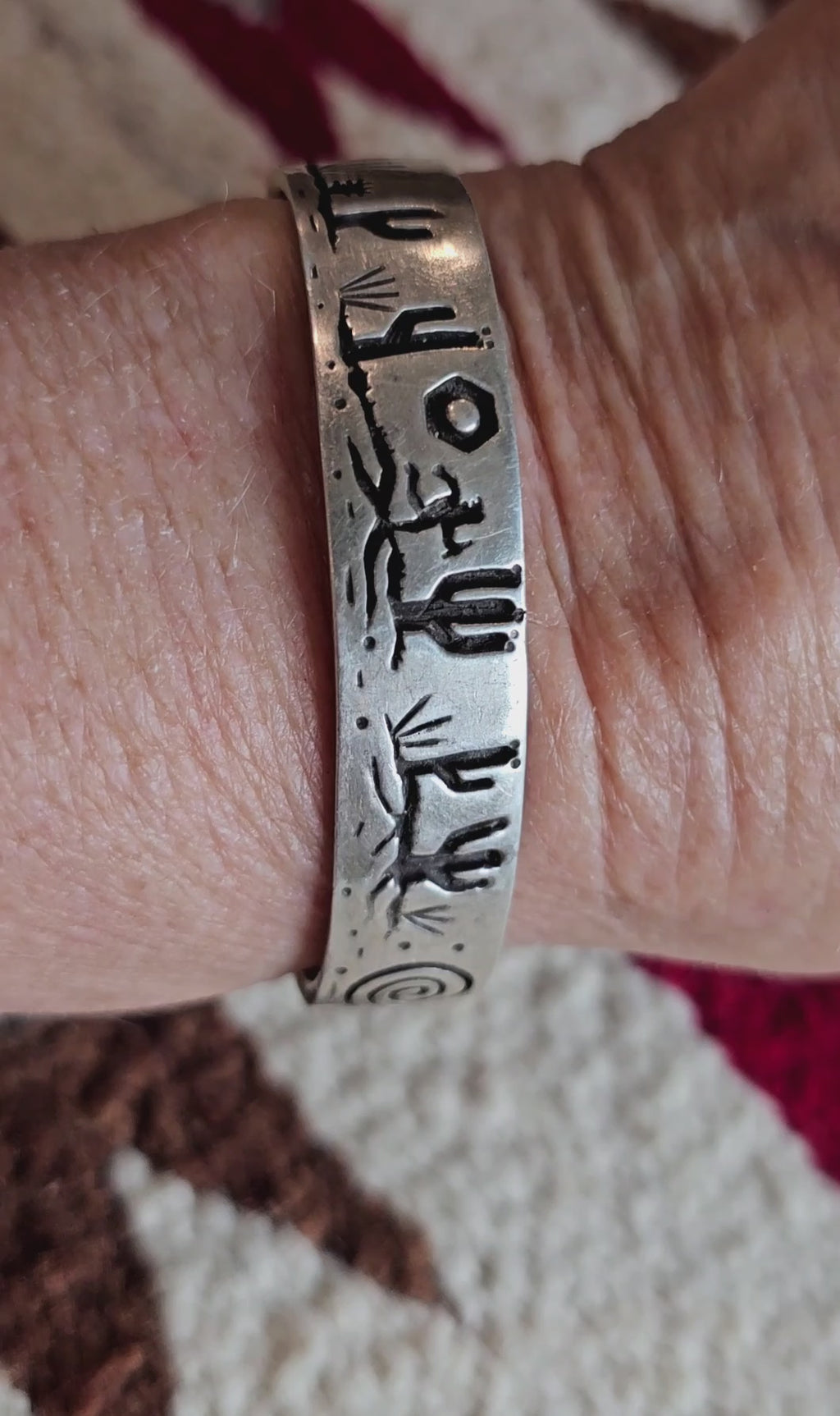 Signed Mystery Figure Vintage Native Silver Overlay Sterling Cuff  sz 6 1/2"  JB 323