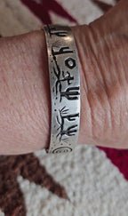 Signed Mystery Figure Vintage Native Silver Overlay Sterling Cuff  sz 6 1/2"  JB 323