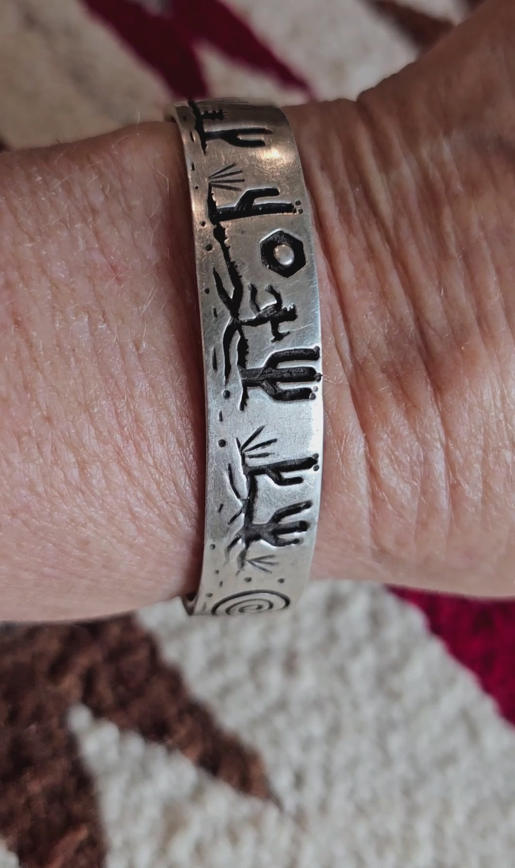 Signed Mystery Figure Vintage Native Silver Overlay Sterling Cuff  sz 6 1/2"  JB 323