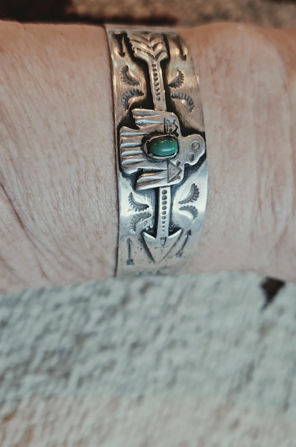 1930s Thunderbird Turquoise Native Sterling Cuff fits 6 1/2" wrist. JB 336