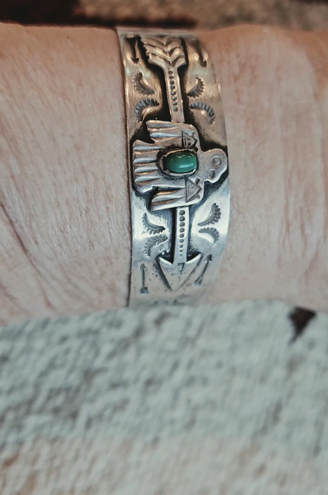 1930s Thunderbird Turquoise Native Sterling Cuff fits 6 1/2" wrist. JB 336
